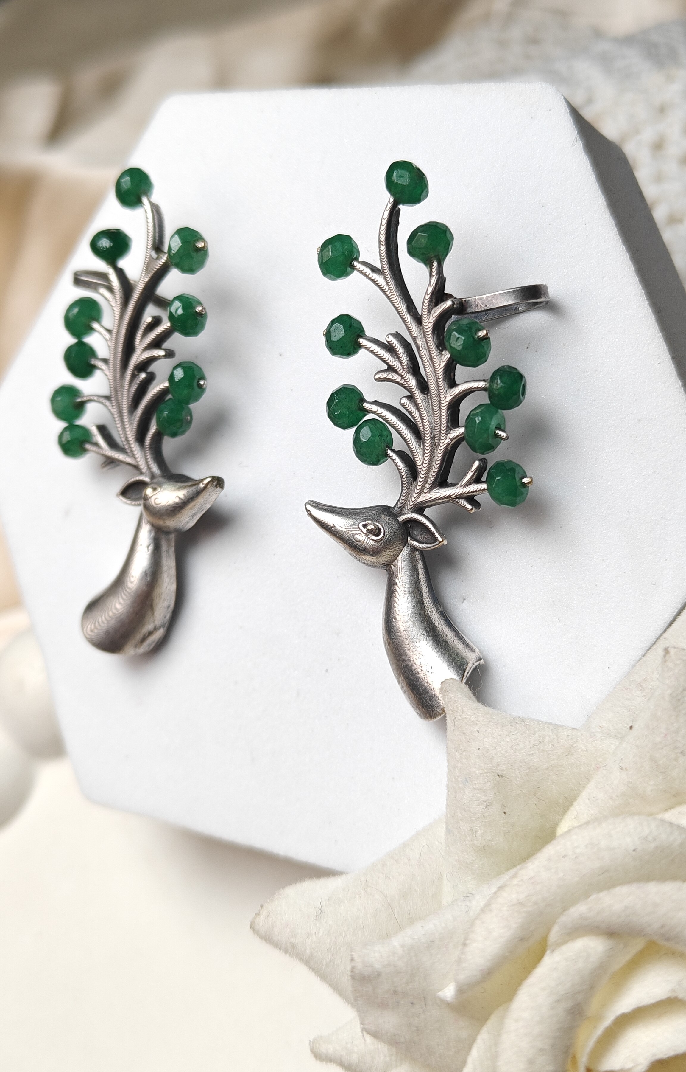 Silver Peacock Earrings With Green Bead Detailings 