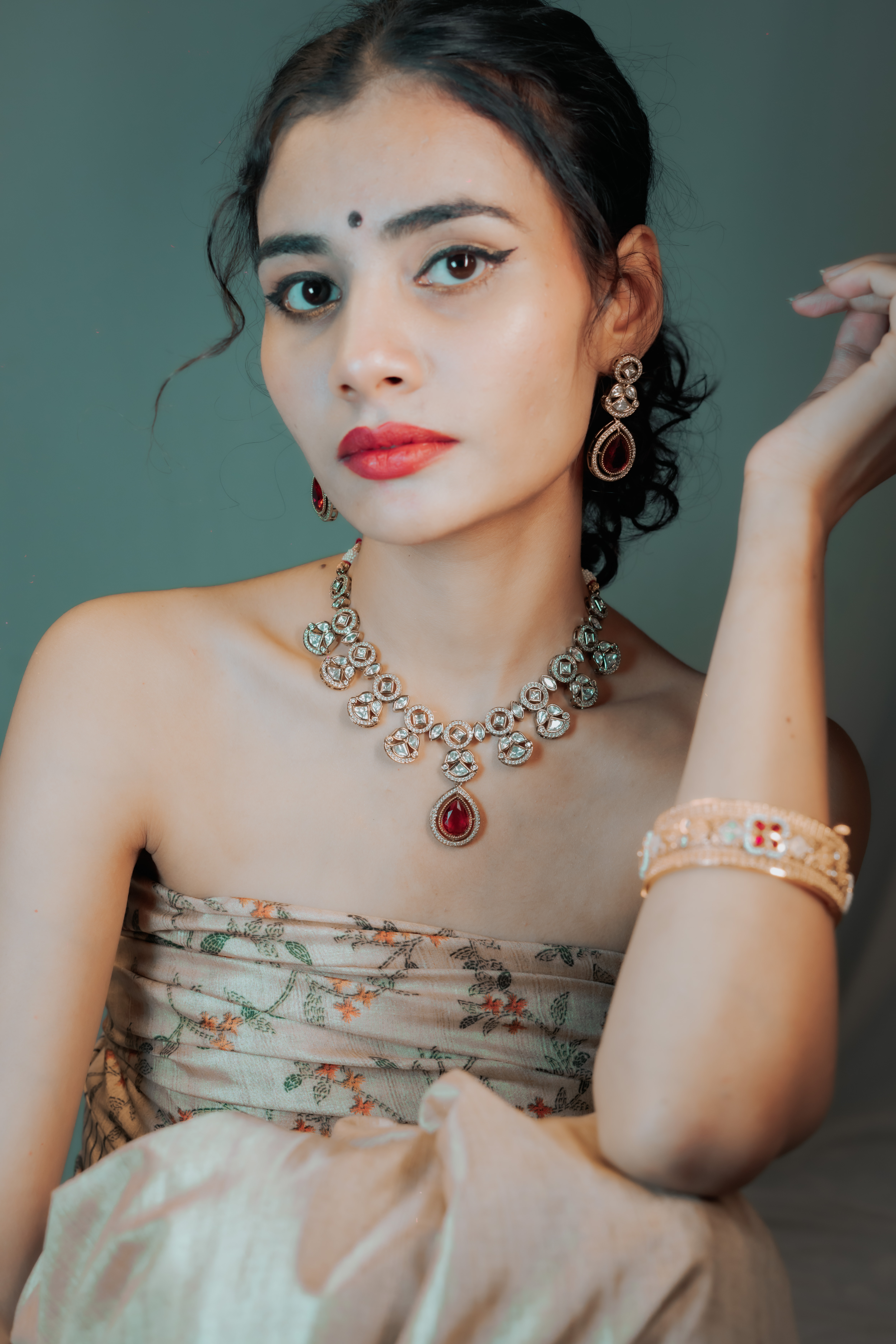 Rose Gold Red CZ Kundan Necklace