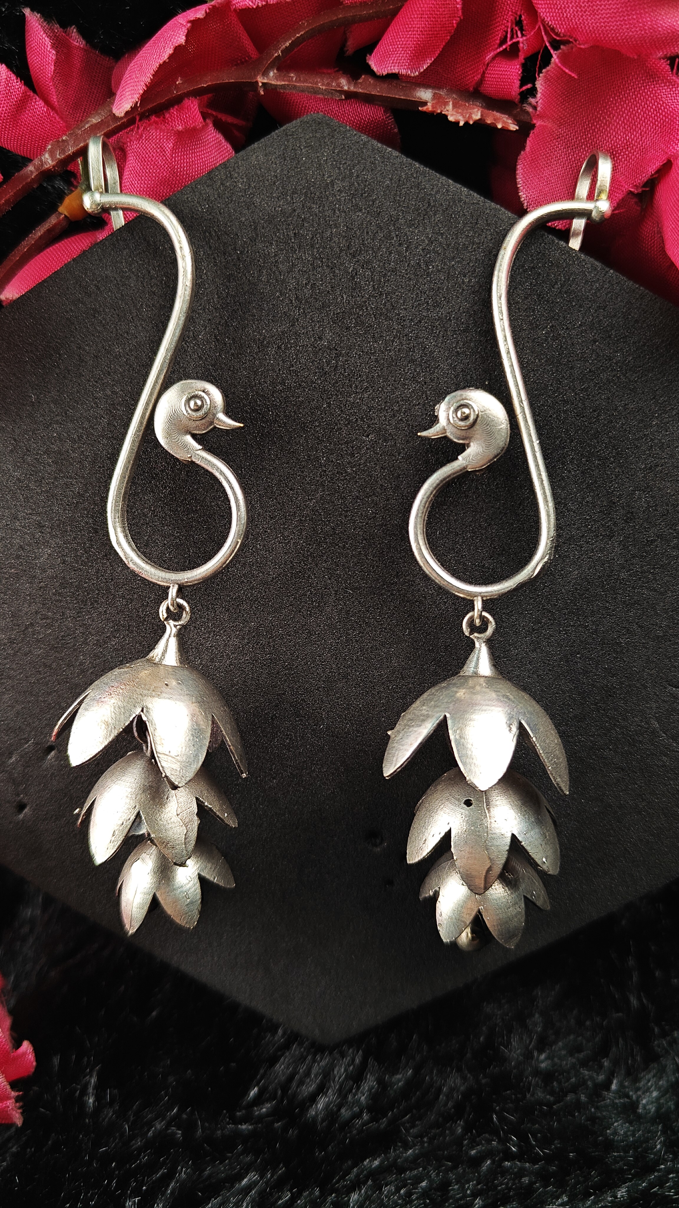 Silver Peacock Bloom Layered Oxidised Ear Cuffs