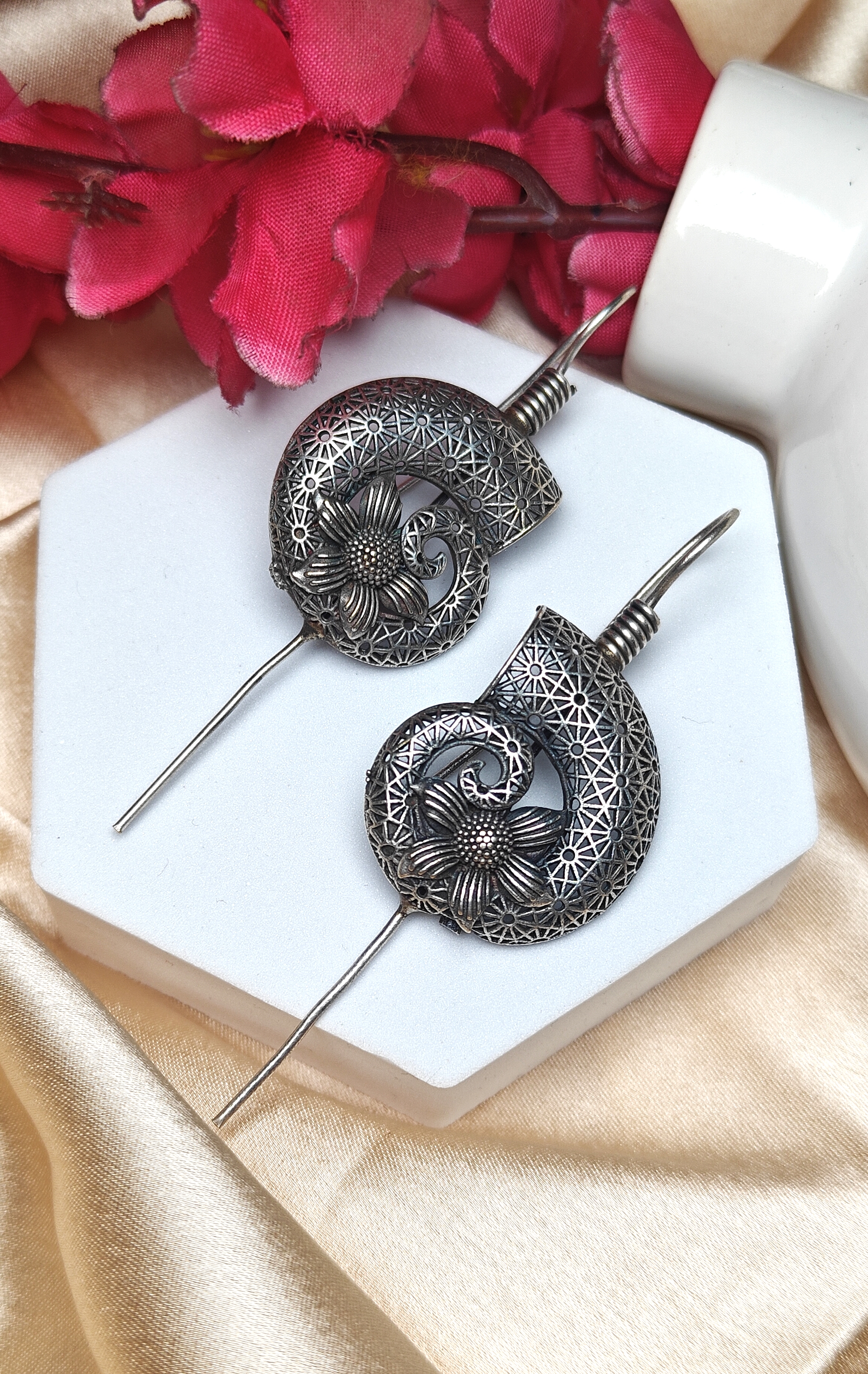 Antique Silver Floral Spiral Ear Cuffs