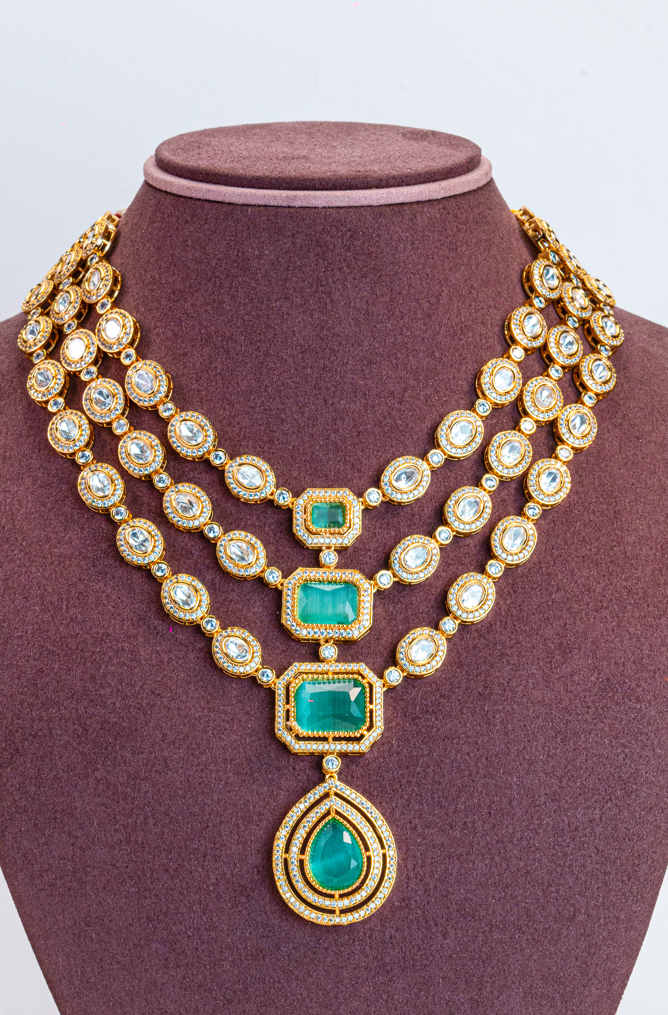 Three Line Green CZ Kundan Necklace