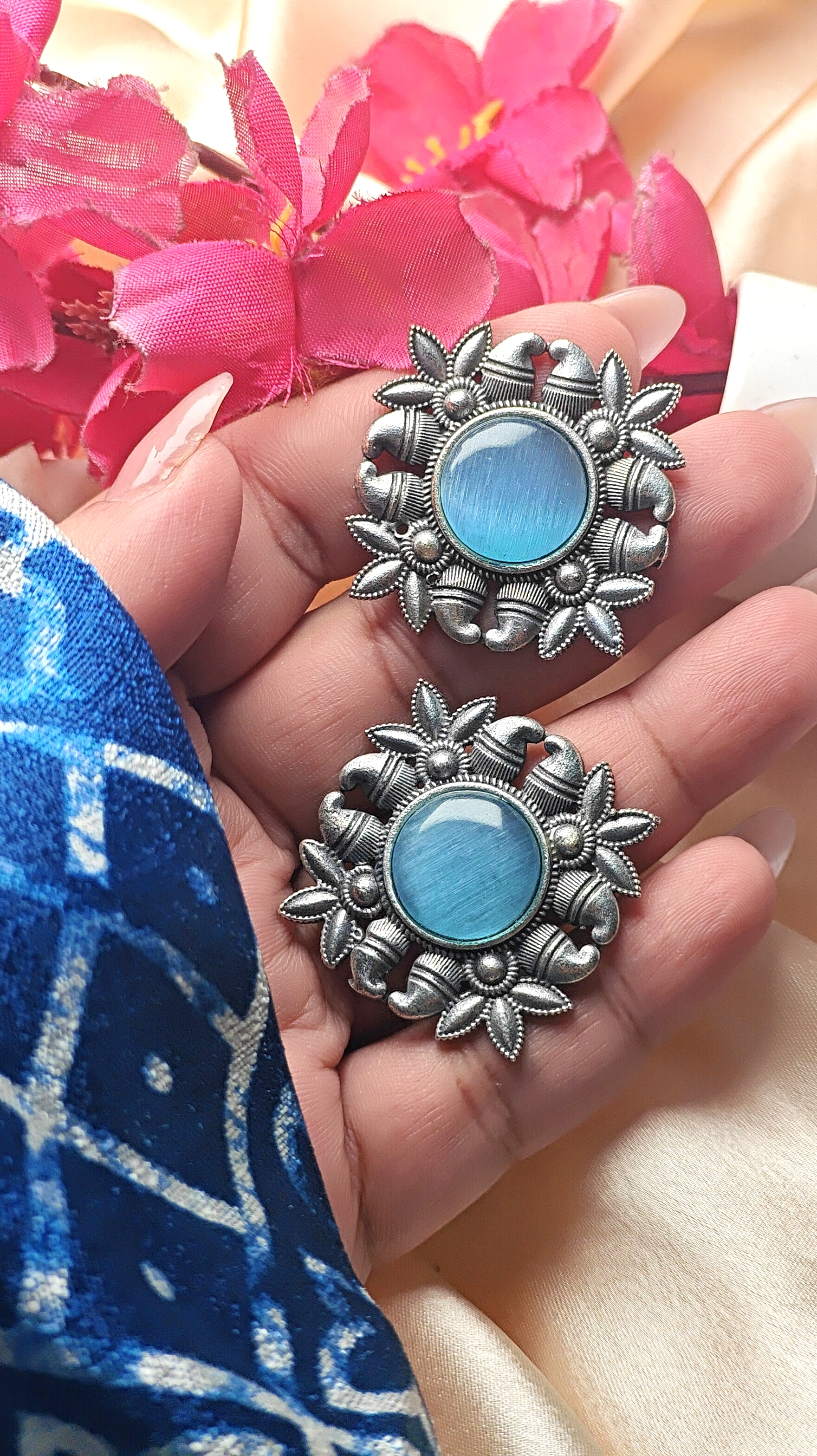 Aqua Bloom Oxidised Stud Earrings