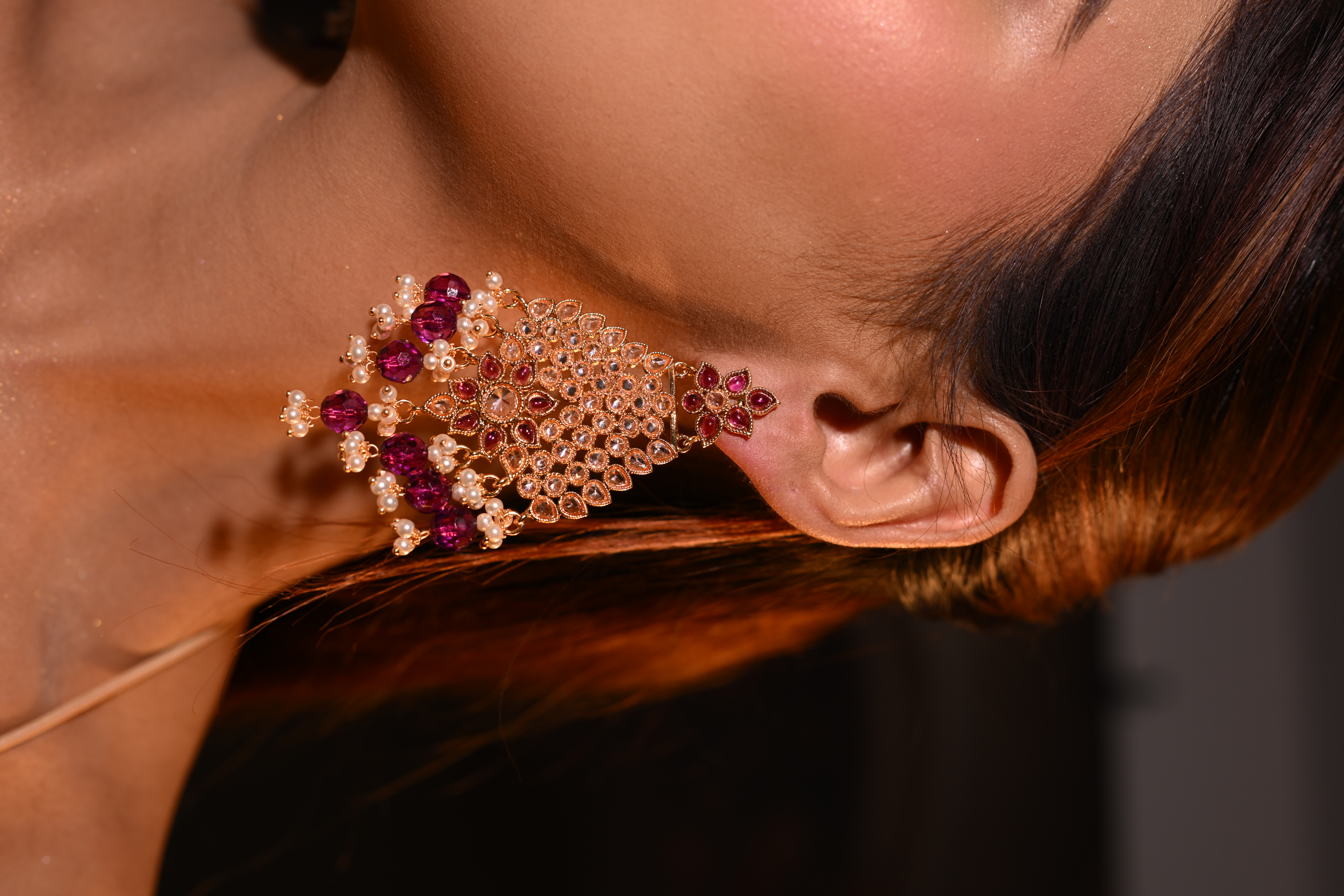 Kundan Chandbali Earrings with Rich Magenta Beads & Pearl Detailing