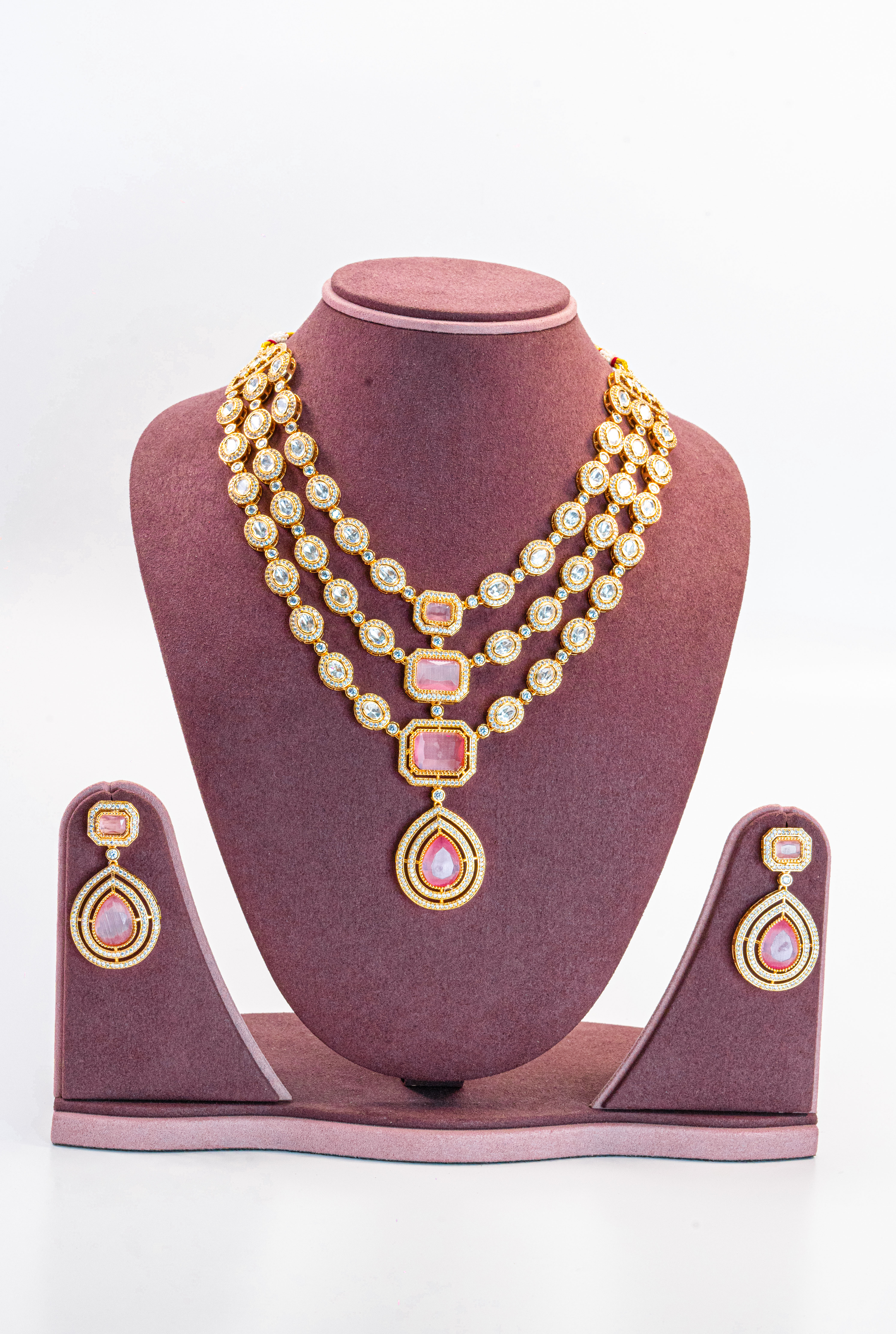 Triple Strand Pink CZ Kundan Necklace