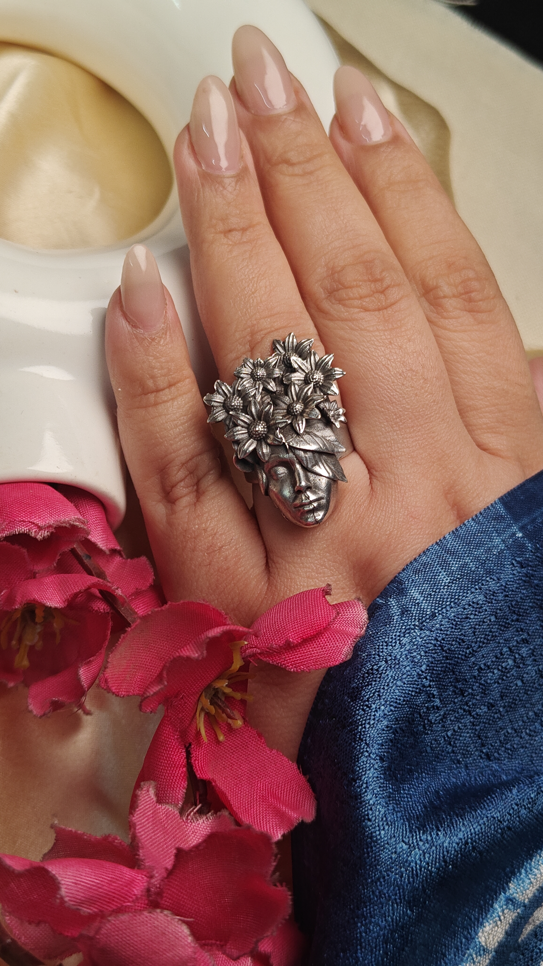 Floral Goddess Oxidised Statement Ring