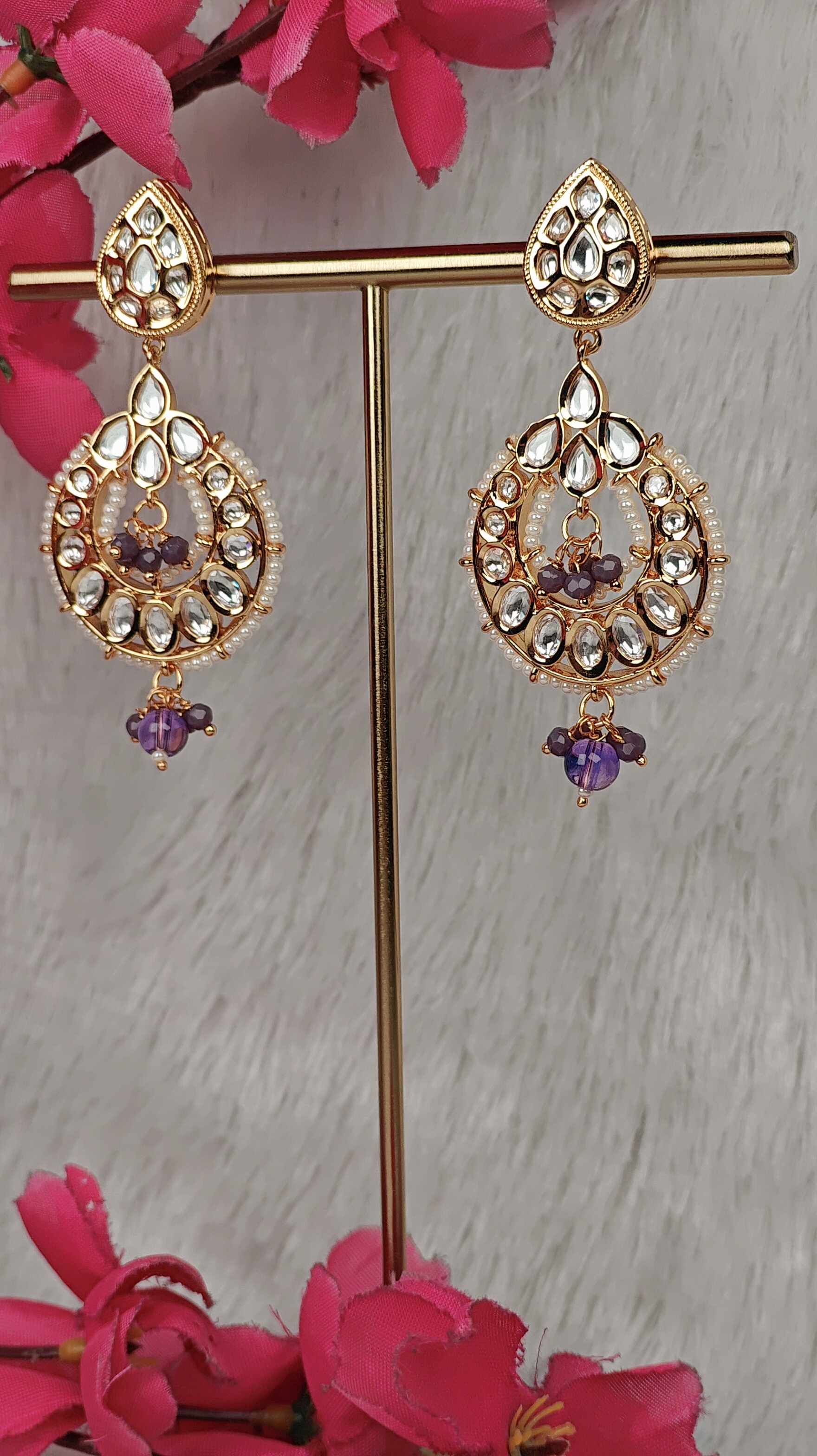 Lavender Drop Kundan Hoop Earrings with Pearl Halo