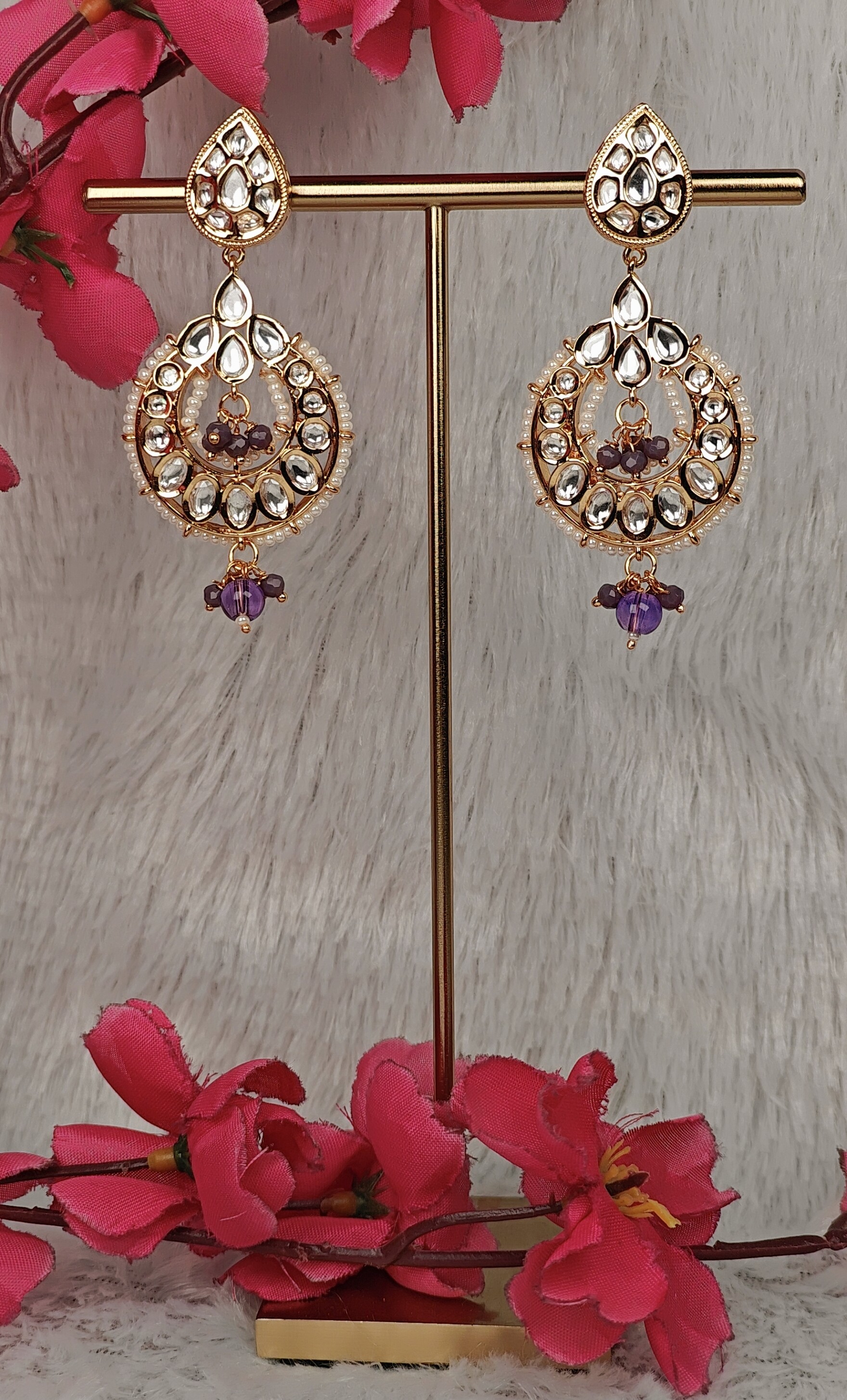 Lavender Drop Kundan Hoop Earrings with Pearl Halo