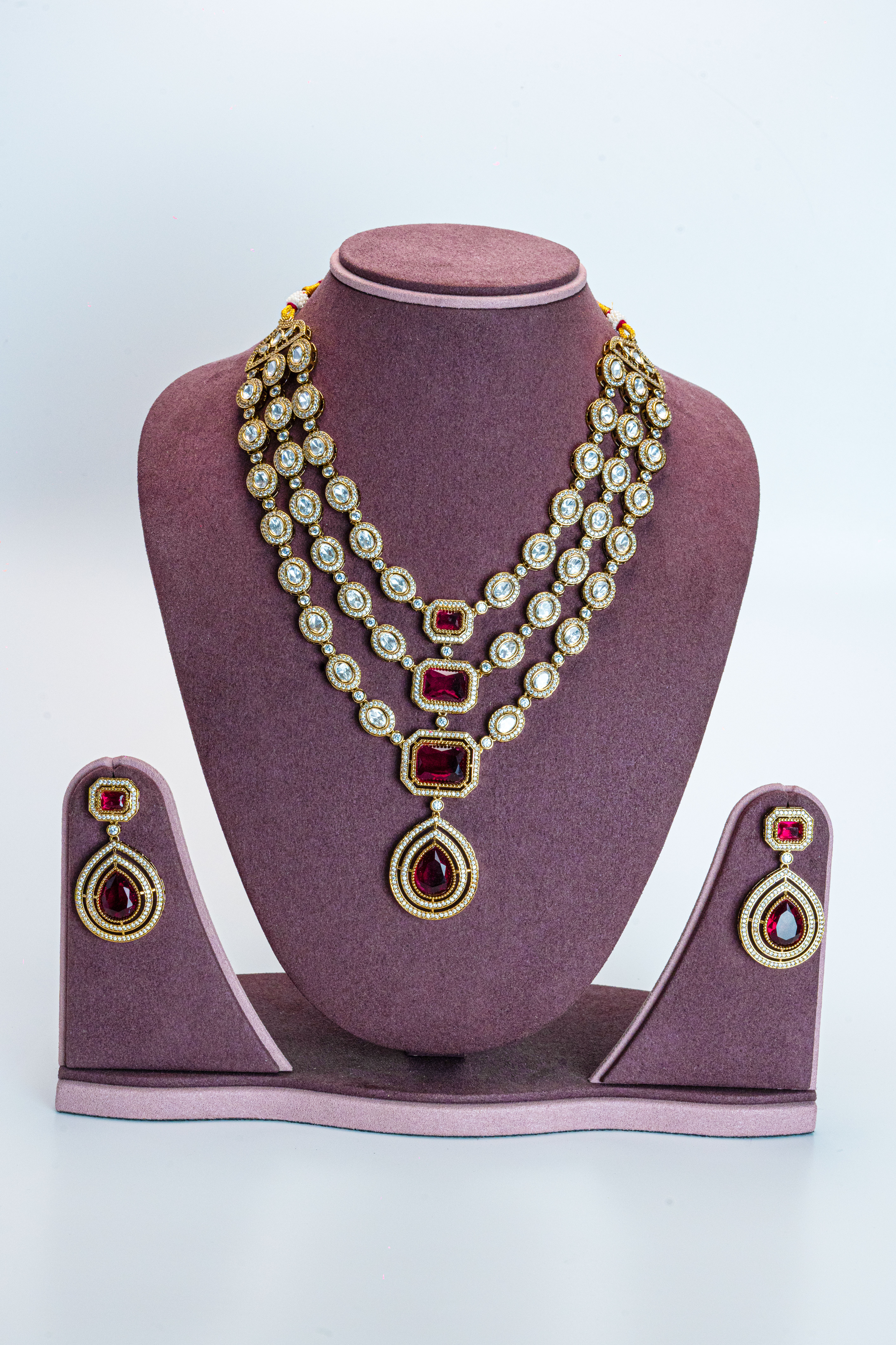 Antique Red CZ Three Line Necklace