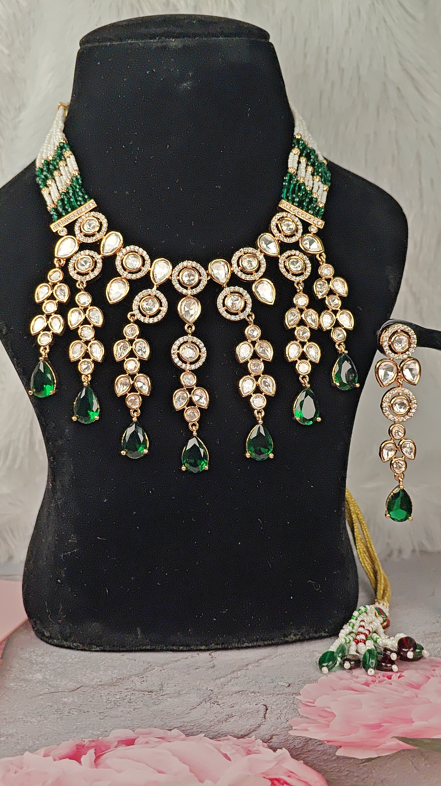 Bridal Kundan Necklace Set with Emerald Green Drops