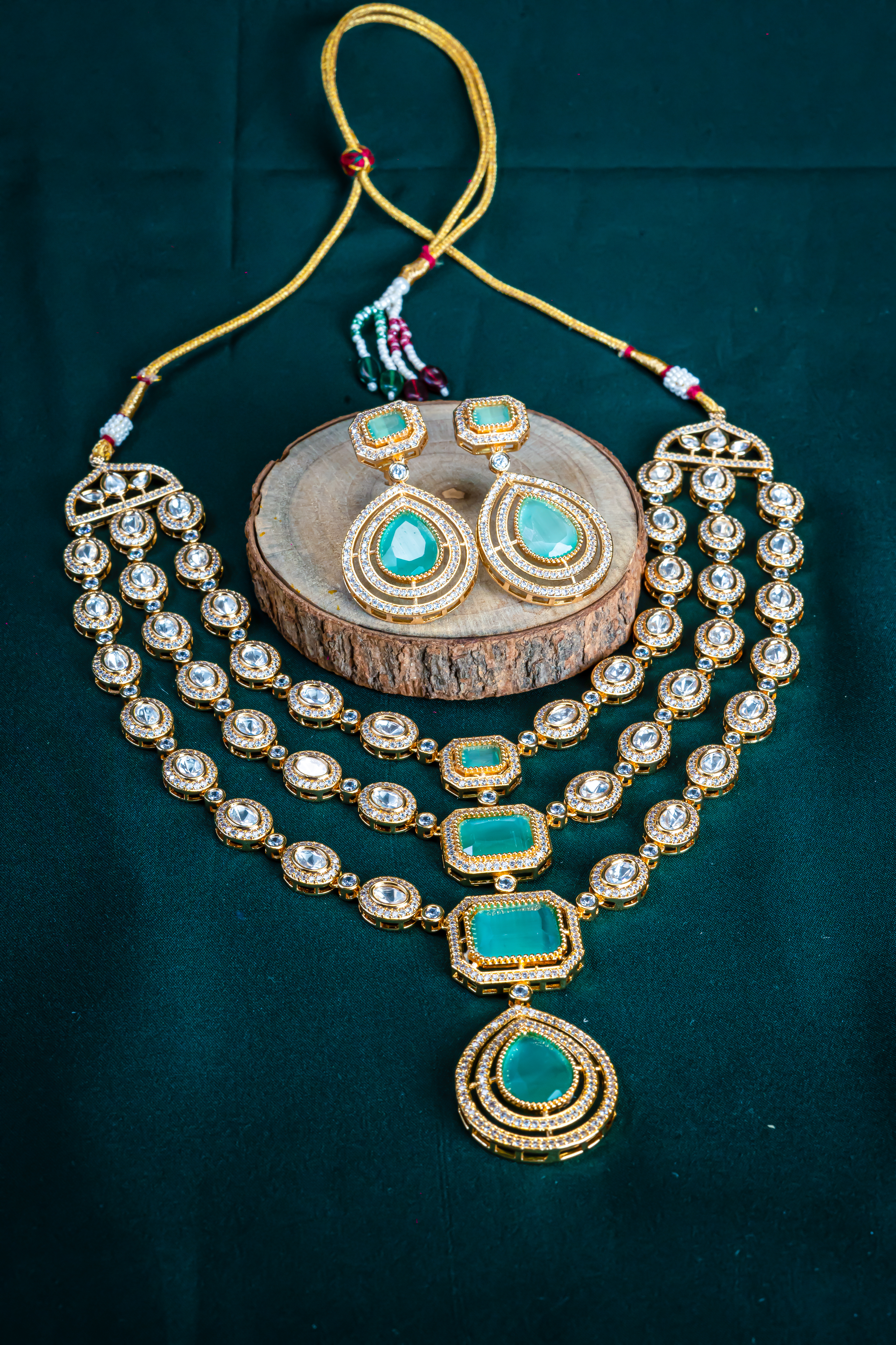 Three Line Green CZ Kundan Necklace