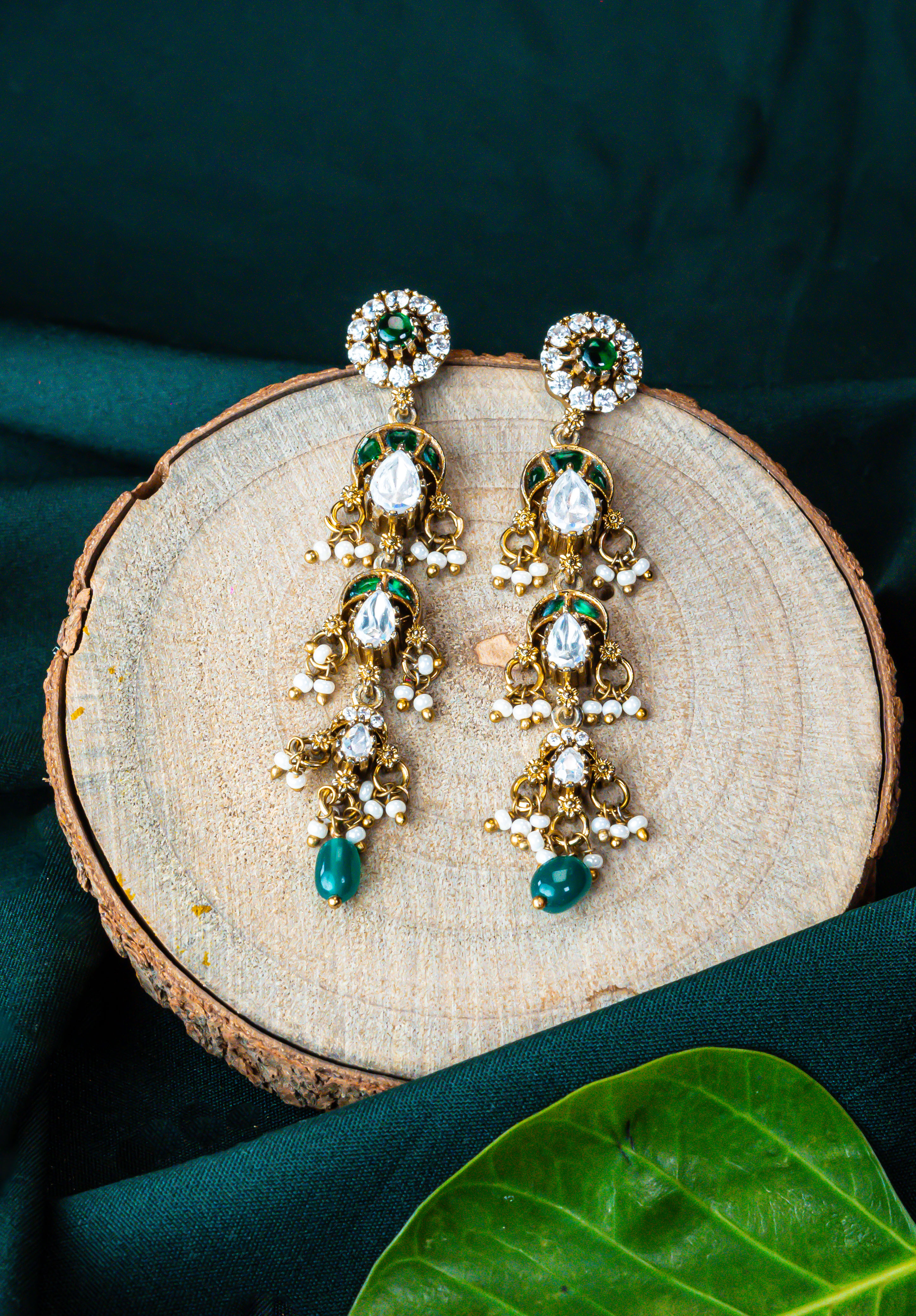Emerald Meenakari Kundan Danglers