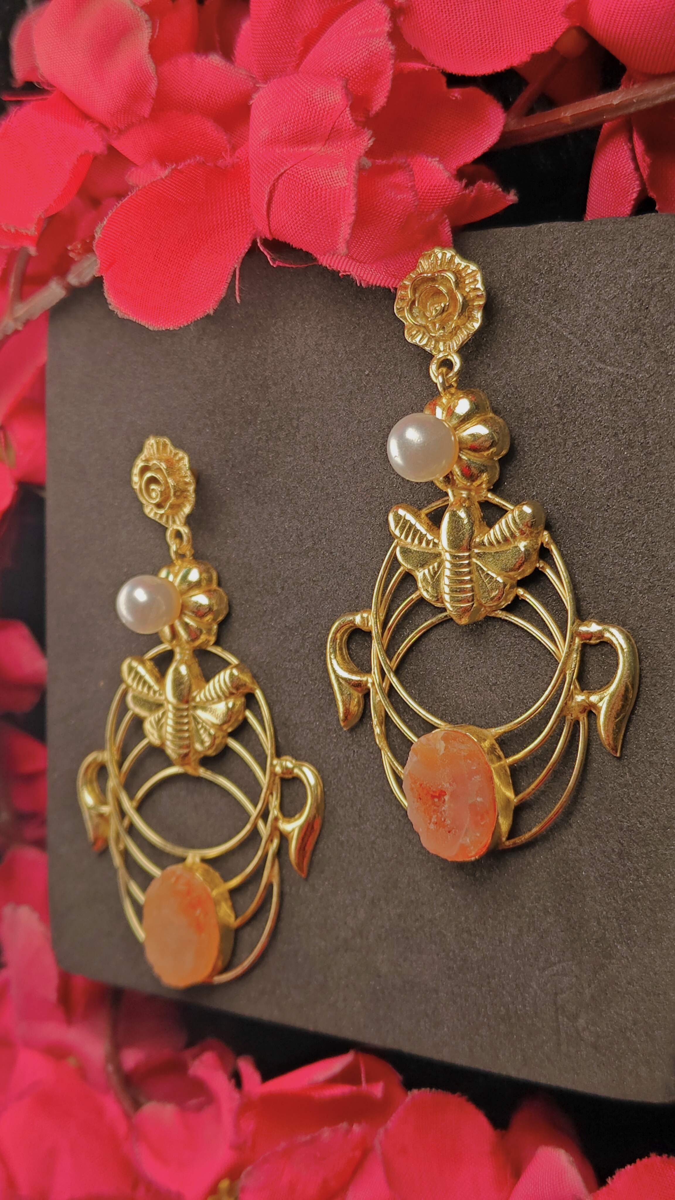 Bee Motif Earrings With Pearl & Orange Quartz Stones 