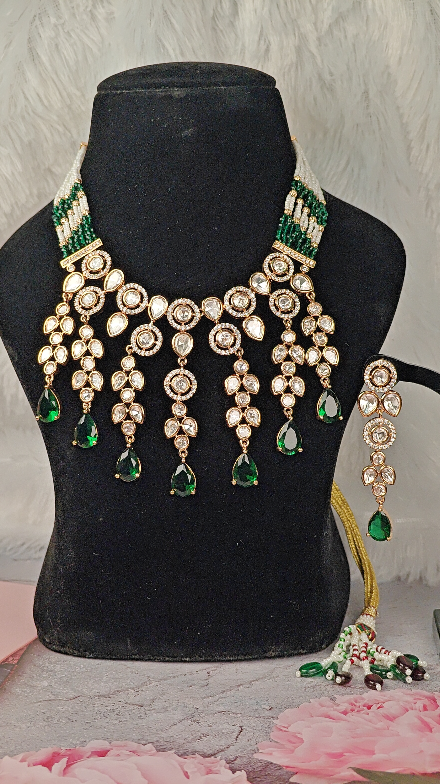 Bridal Kundan Necklace Set with Emerald Green Drops