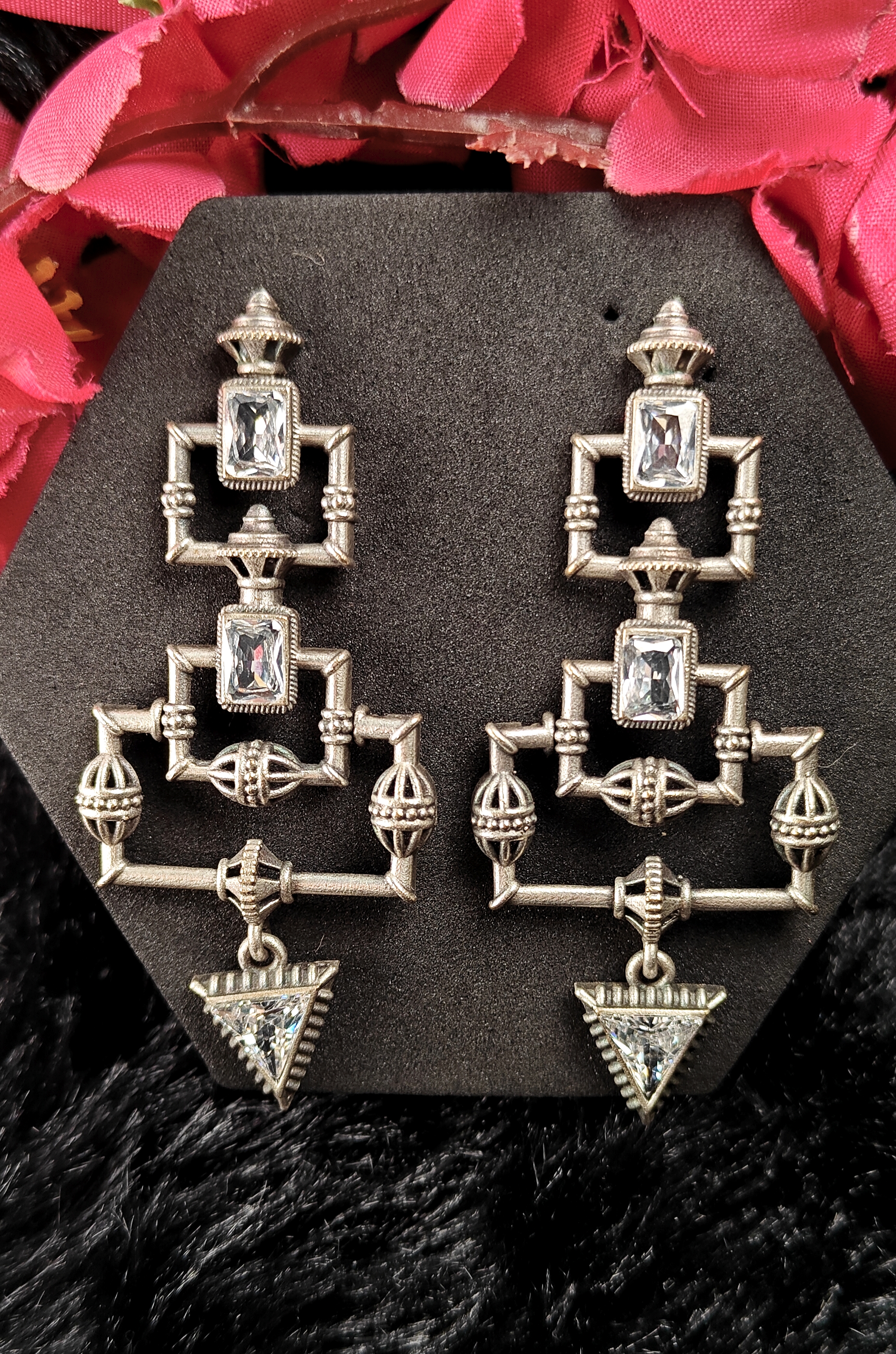 Silver Tribal Dangle Earrinngs With MIrror Stones