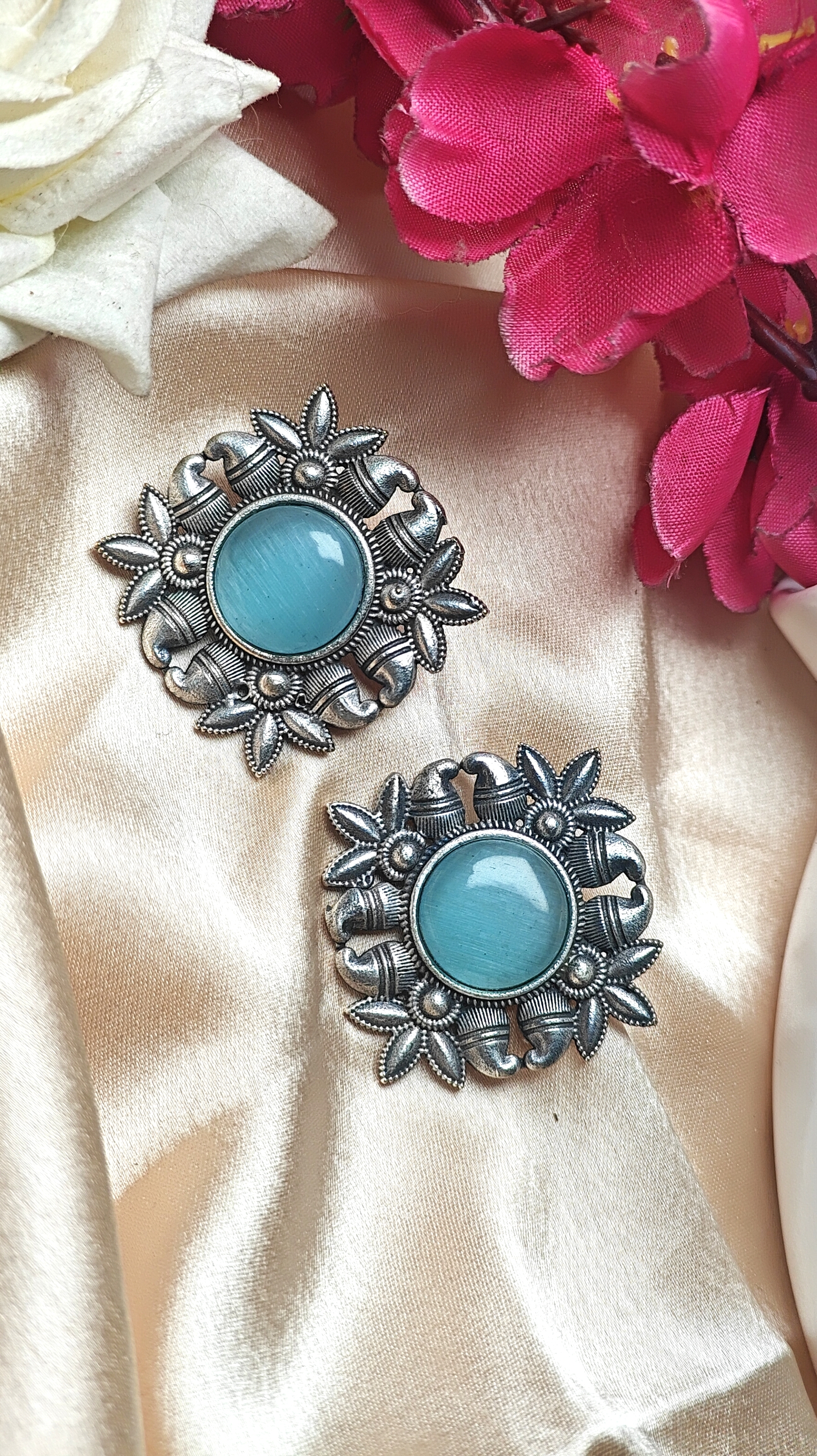 Aqua Bloom Oxidised Stud Earrings