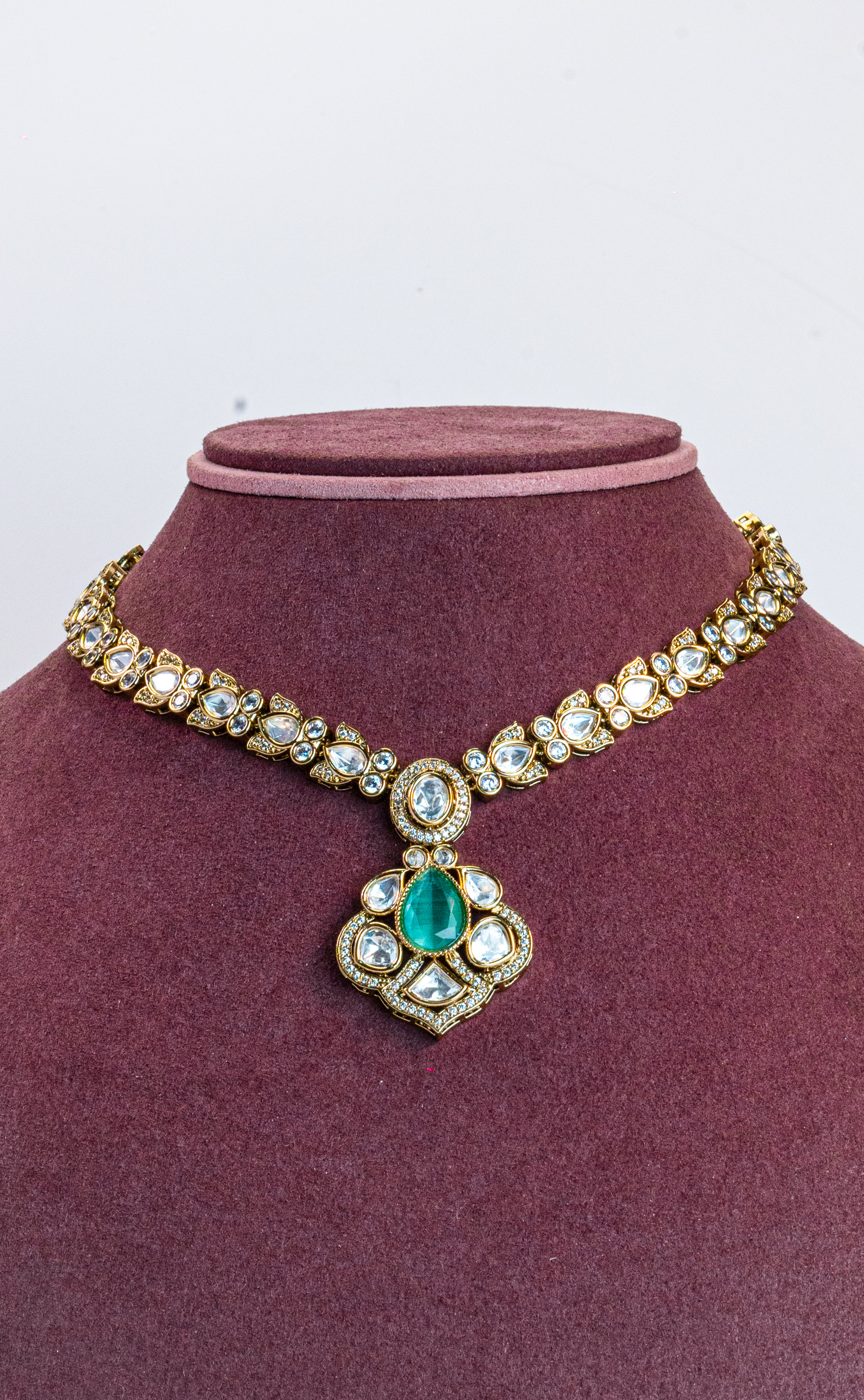 Gold Finish Green CZ Kundan Necklace