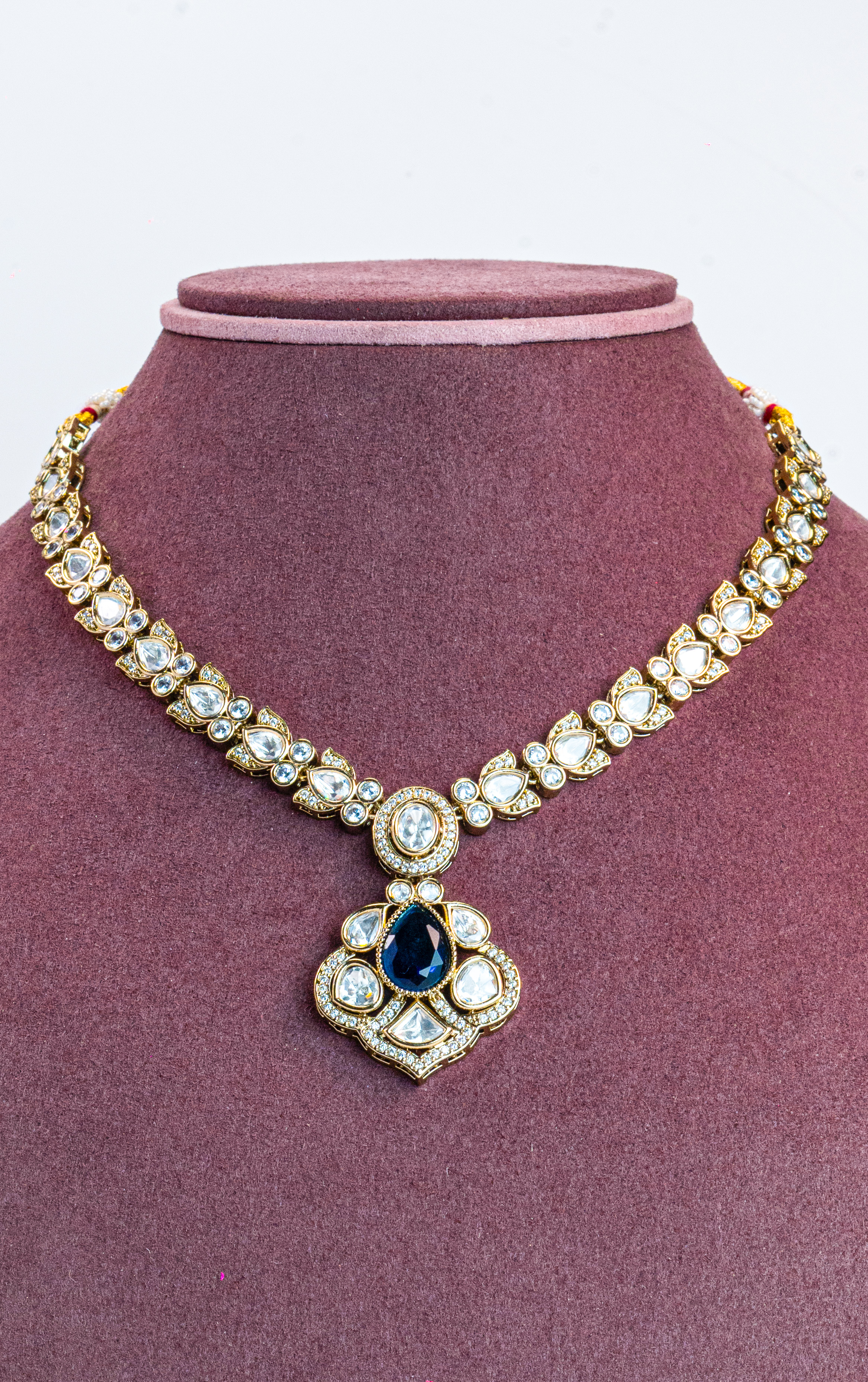 Blue CZ Gold Plated Kundan Necklace