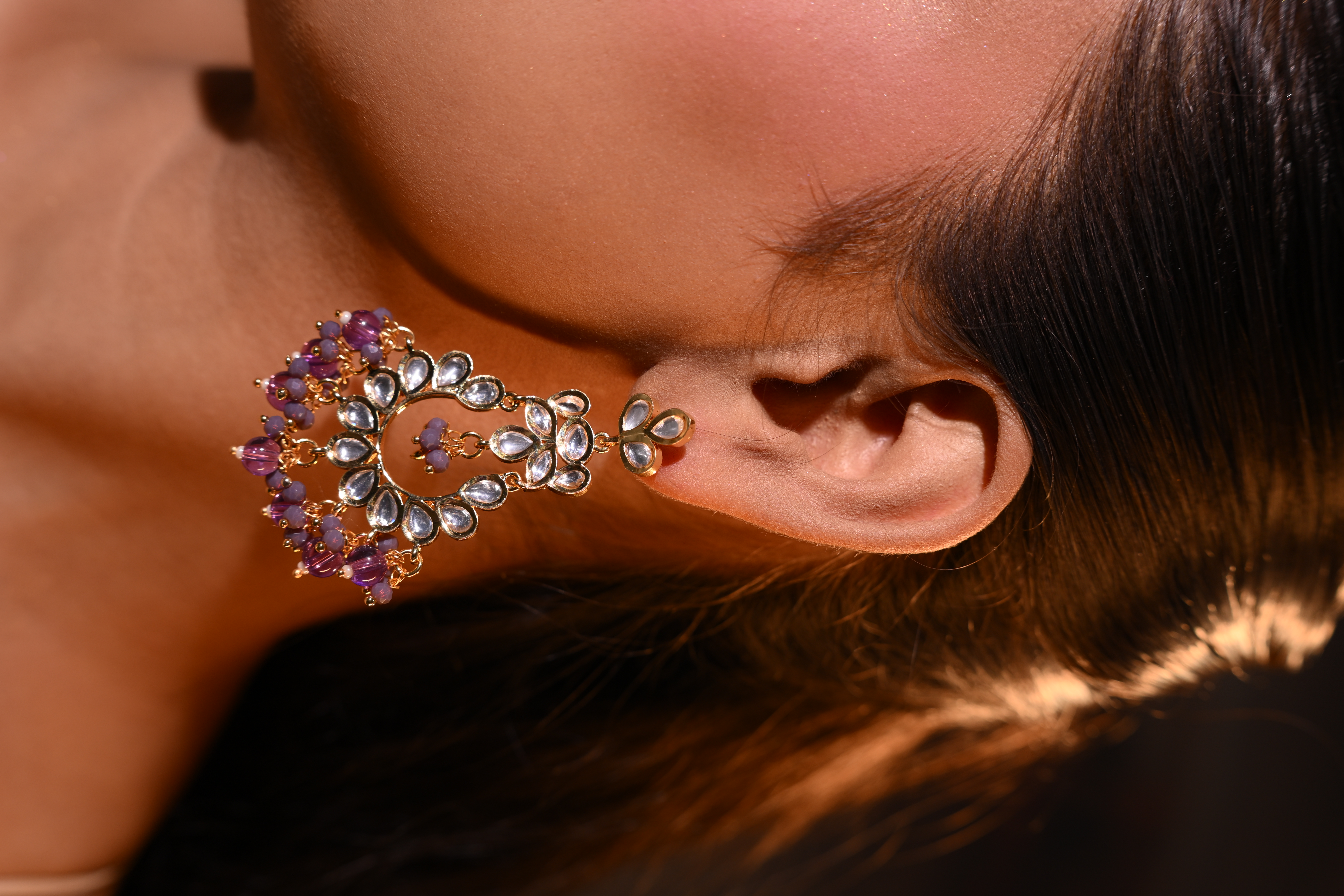 Royal Kundan Chandbali Earrings with Amethyst Beads
