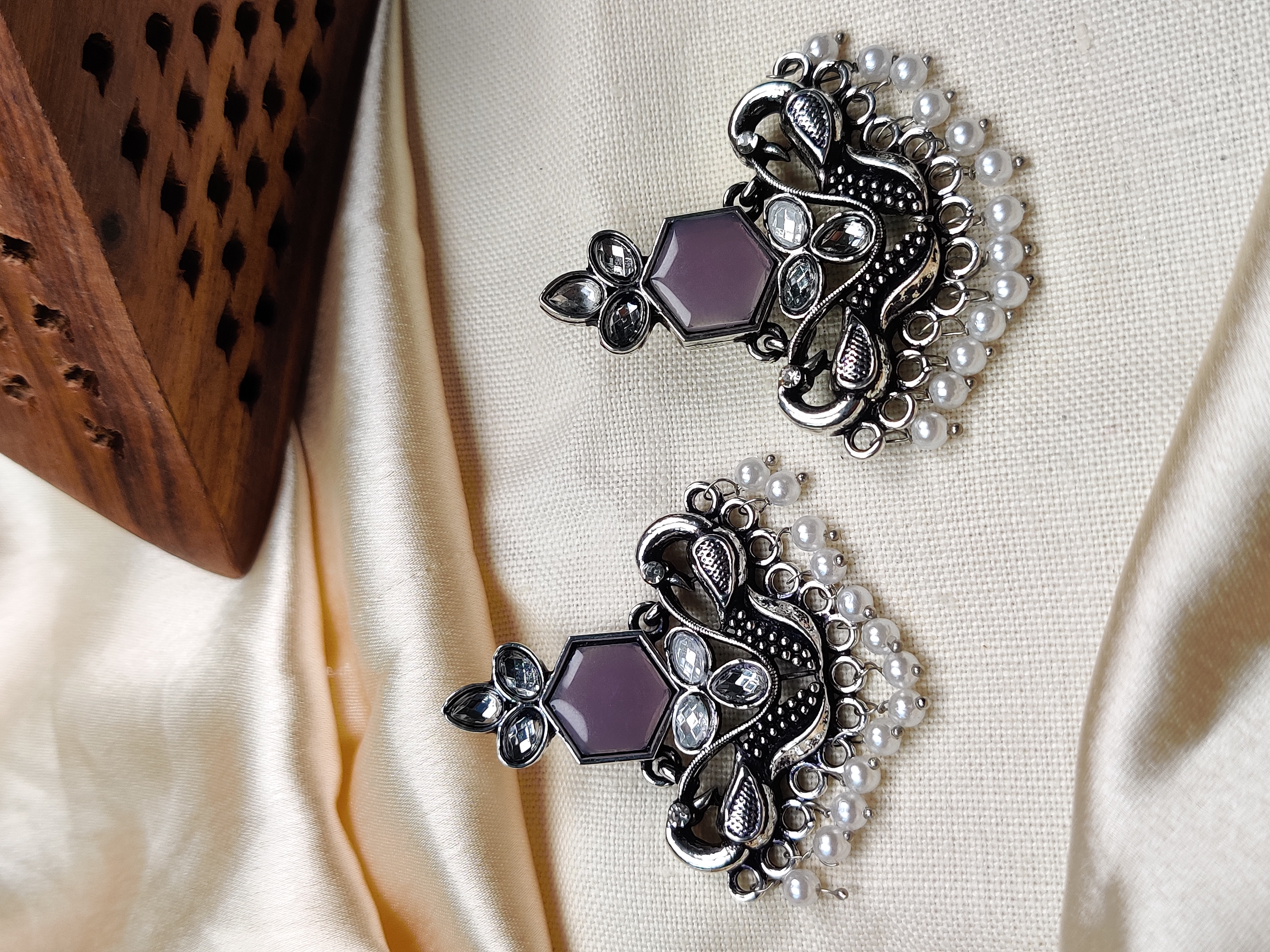 Silver peacock earrings with purple stone & pearl beads