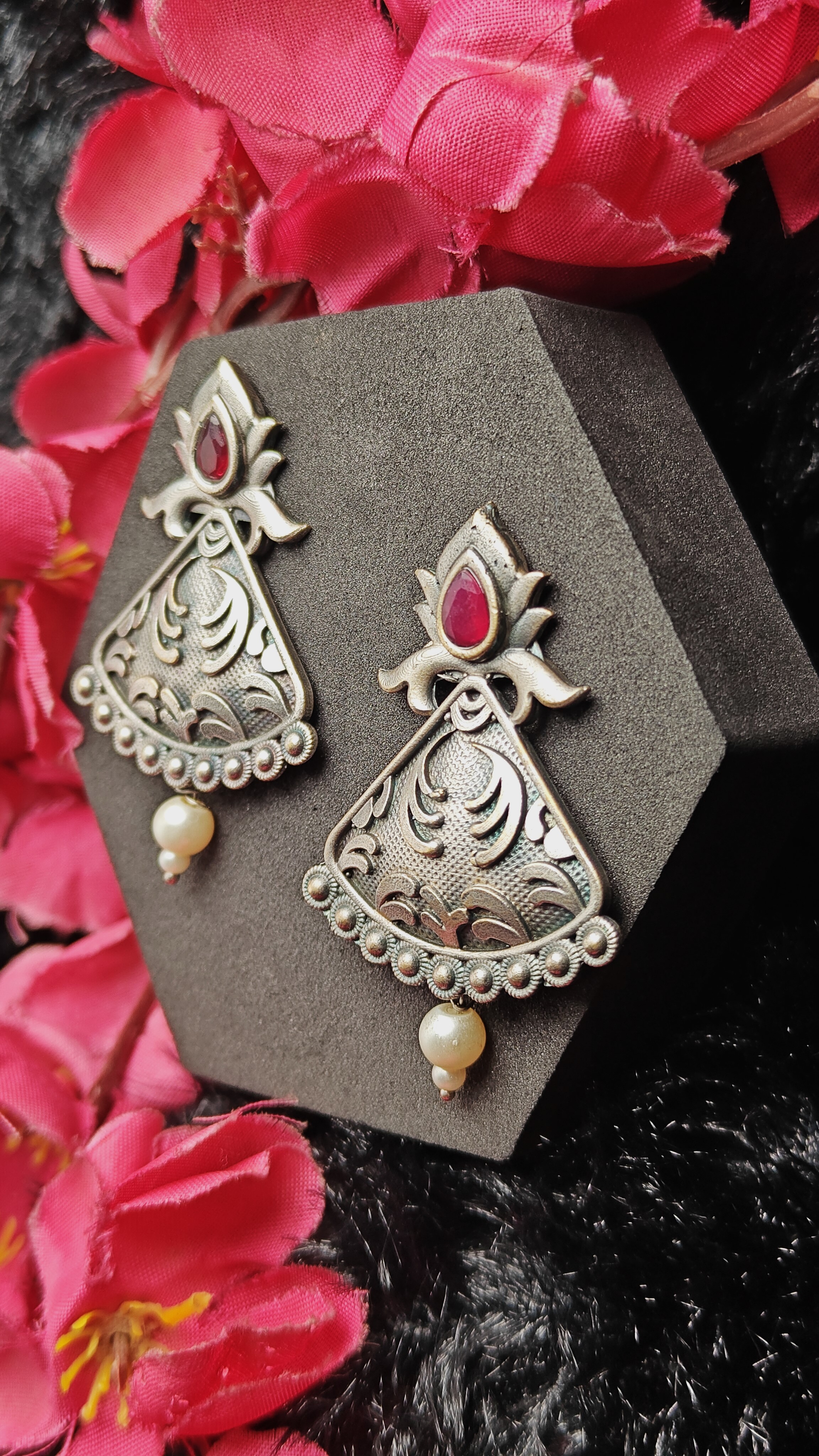 Meher Lotus Shield Oxidised Earrings with Pearl Drop