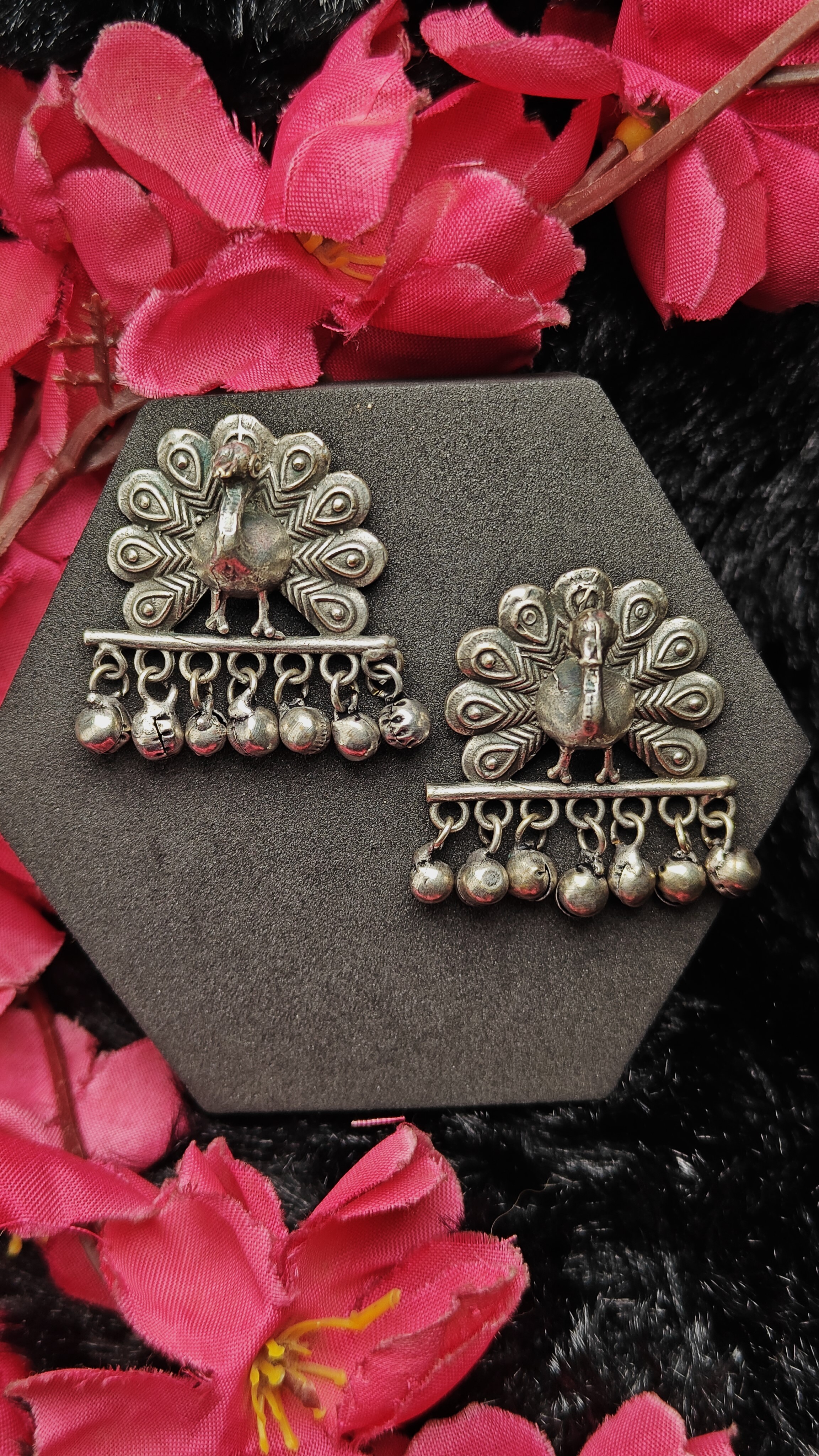 Oxidized silver peacock statement earrings 