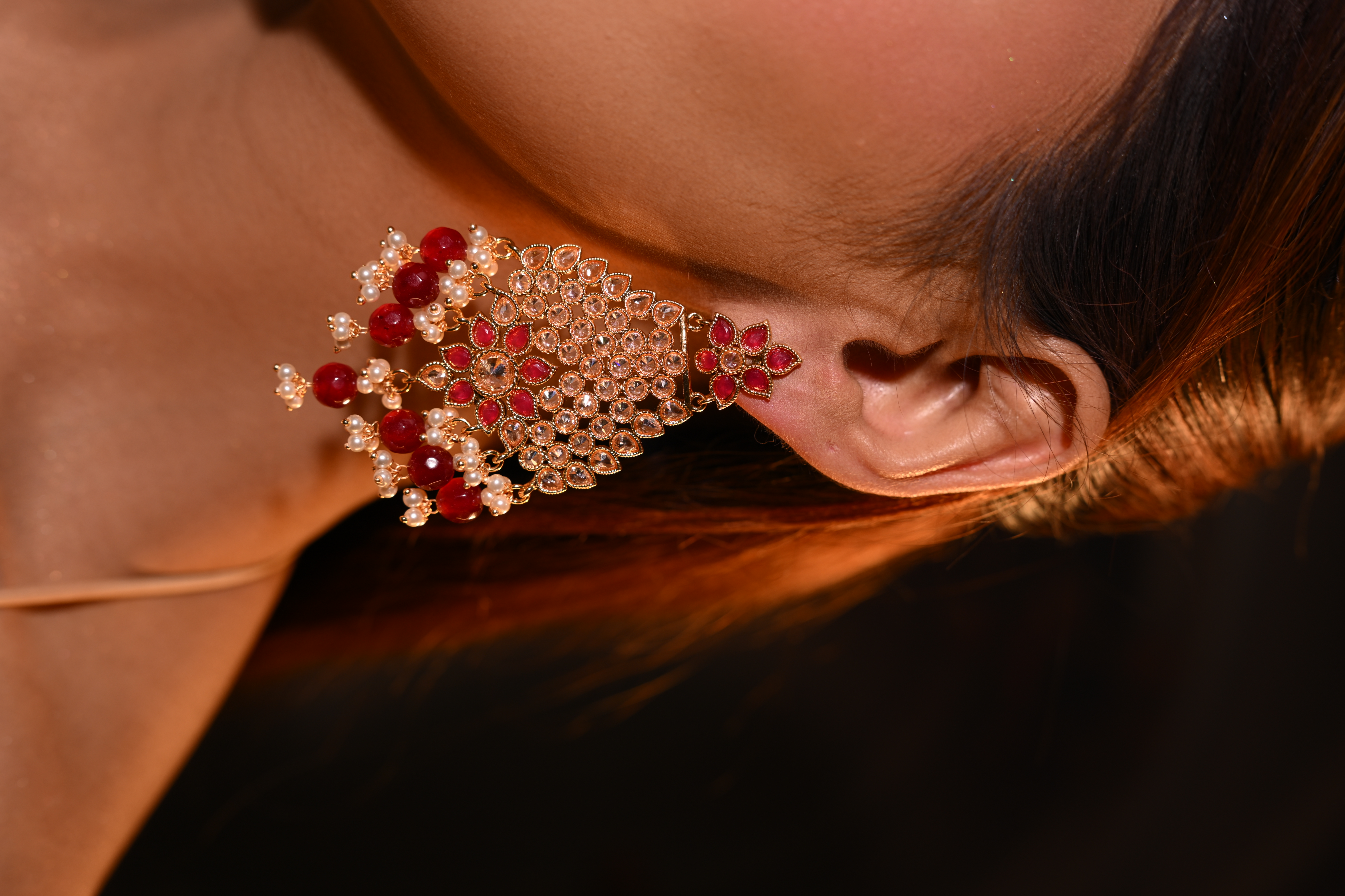 Royal Kundan Chandbali Earrings with Maroon Beads & Pearl Drops