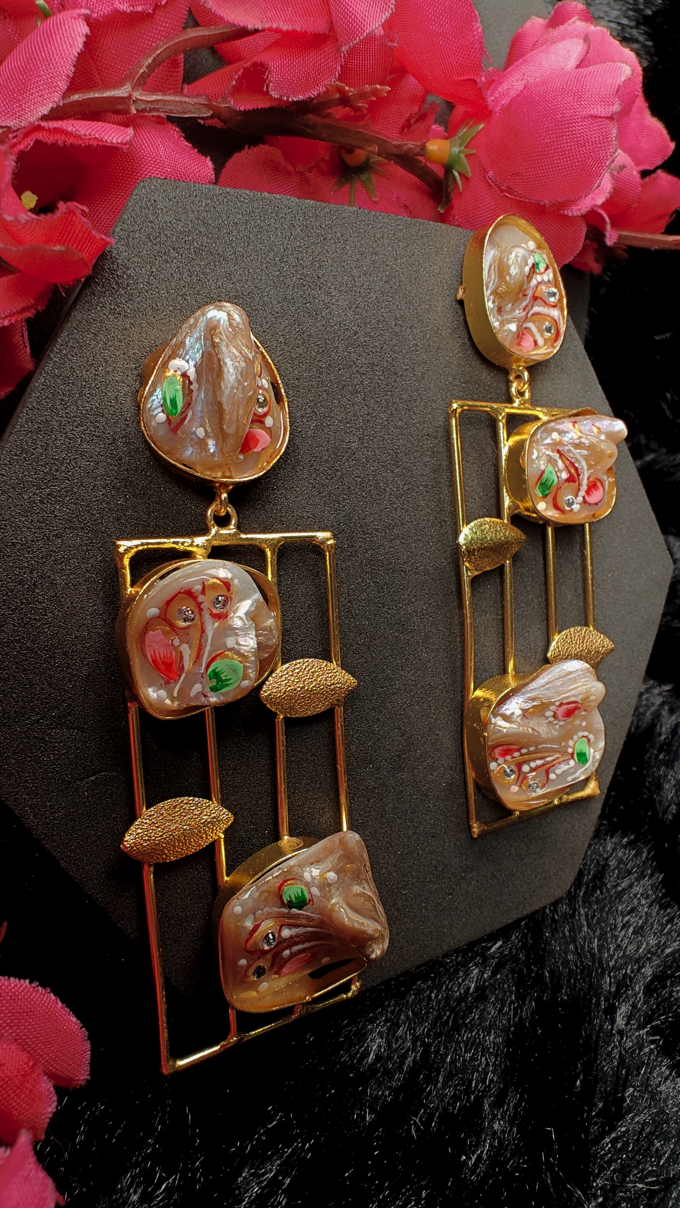 Art Shell Gold Frame Long Drop Earrings