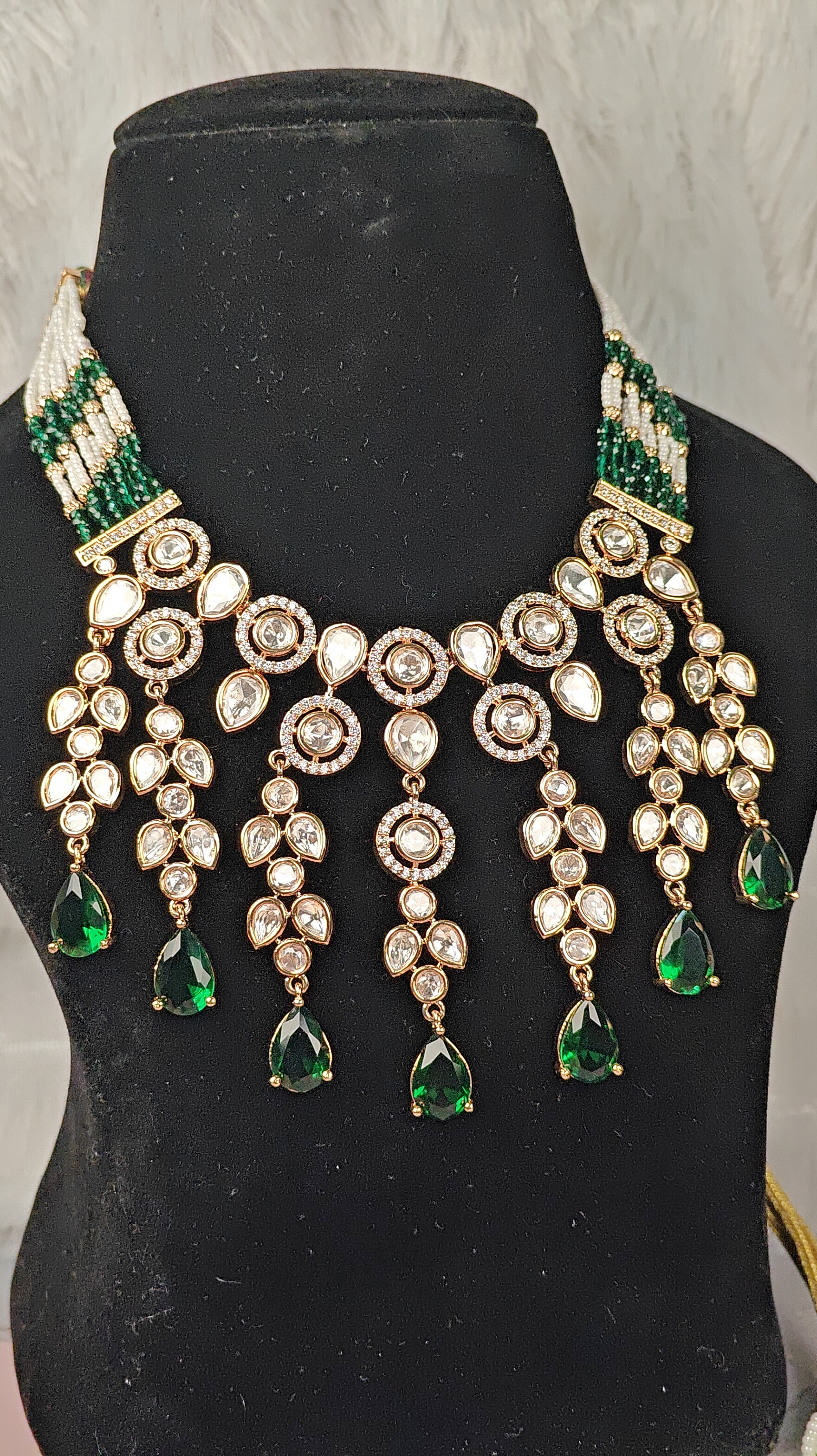 Bridal Kundan Necklace Set with Emerald Green Drops