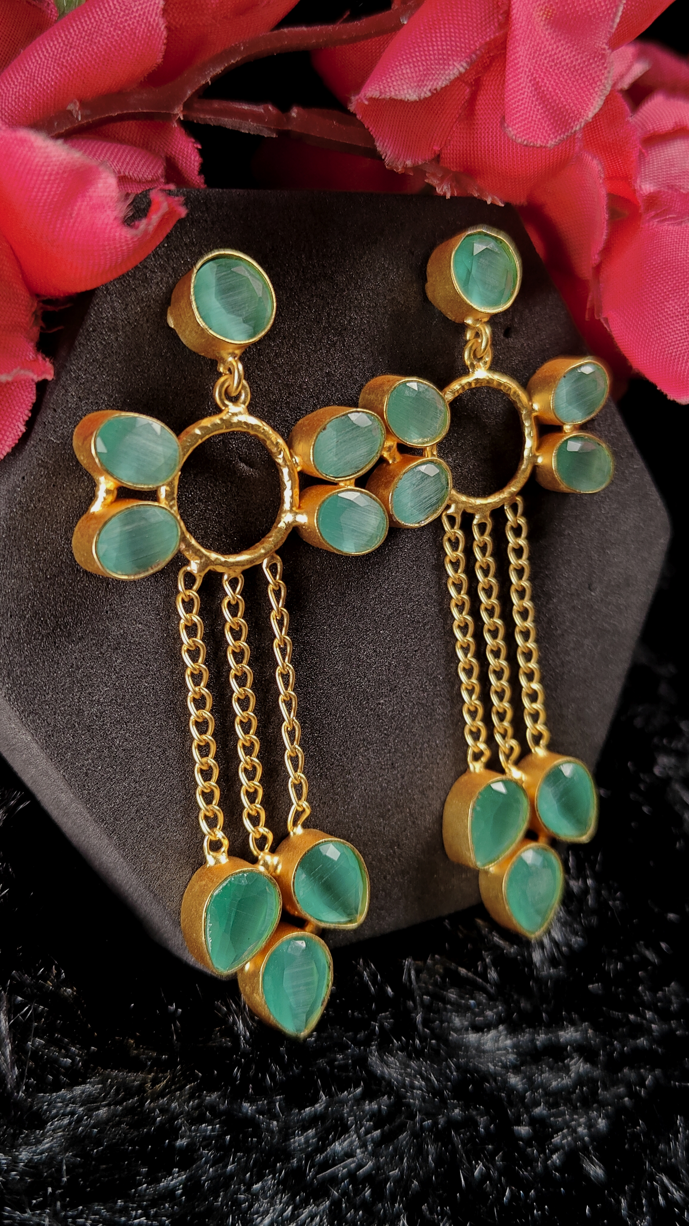 Green Petal Long Drop Earrings
