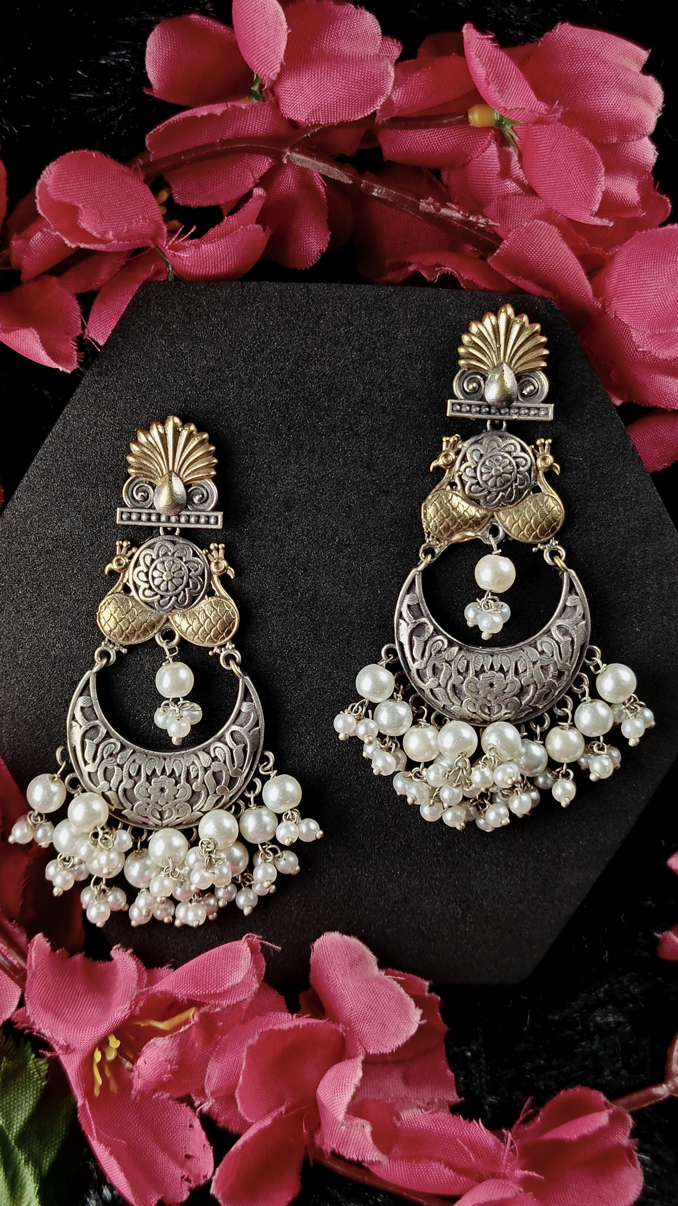Antique Dual-Tone Peacock Jhumka Earrings With Pearl Clusters
