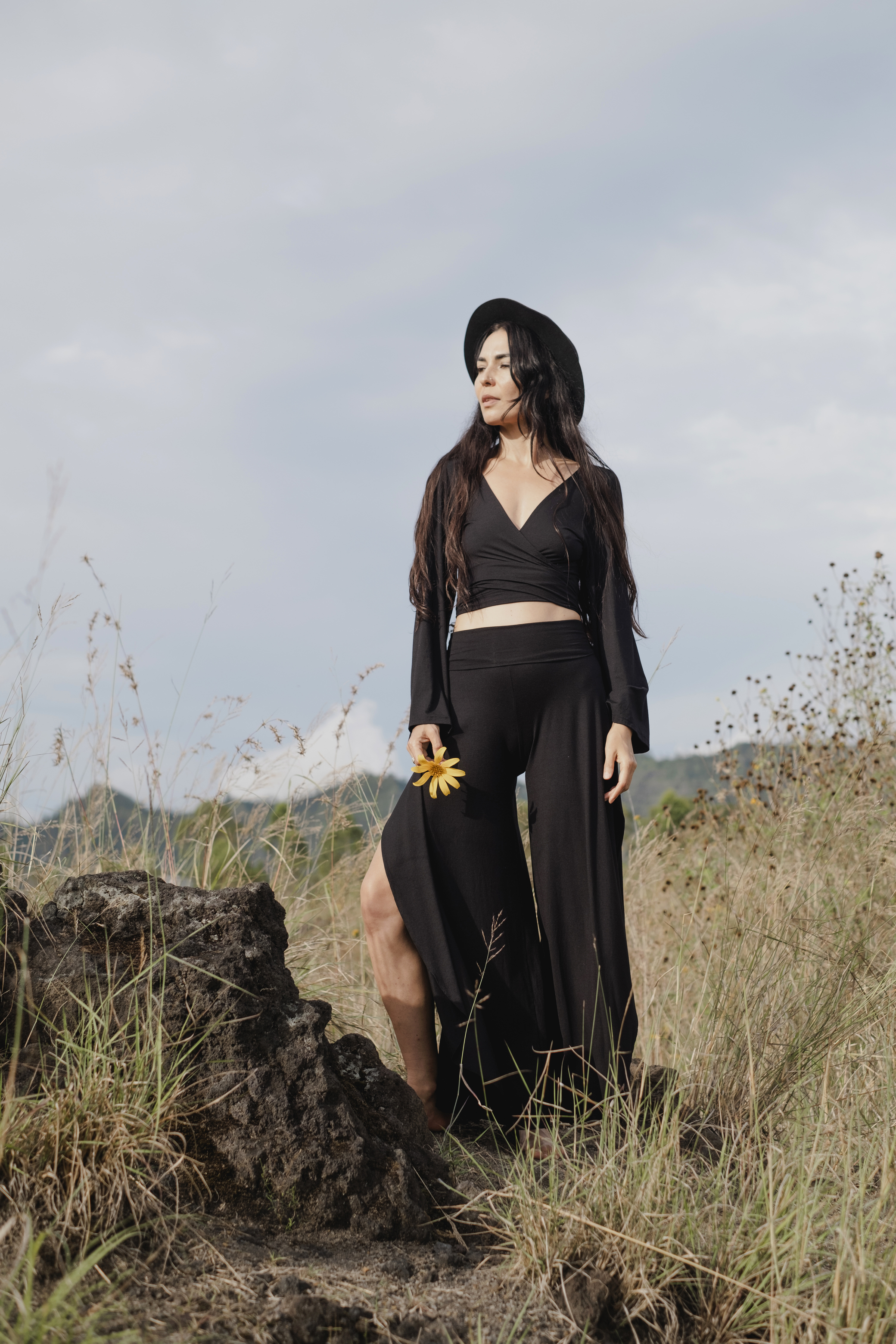 Jungle Crop Top | Boho Bell Sleeve Wrap Crop Top | Deep V-Neck Festival Top | Long Sleeve Tie Front Shirt Women | Flowy Black Blouse