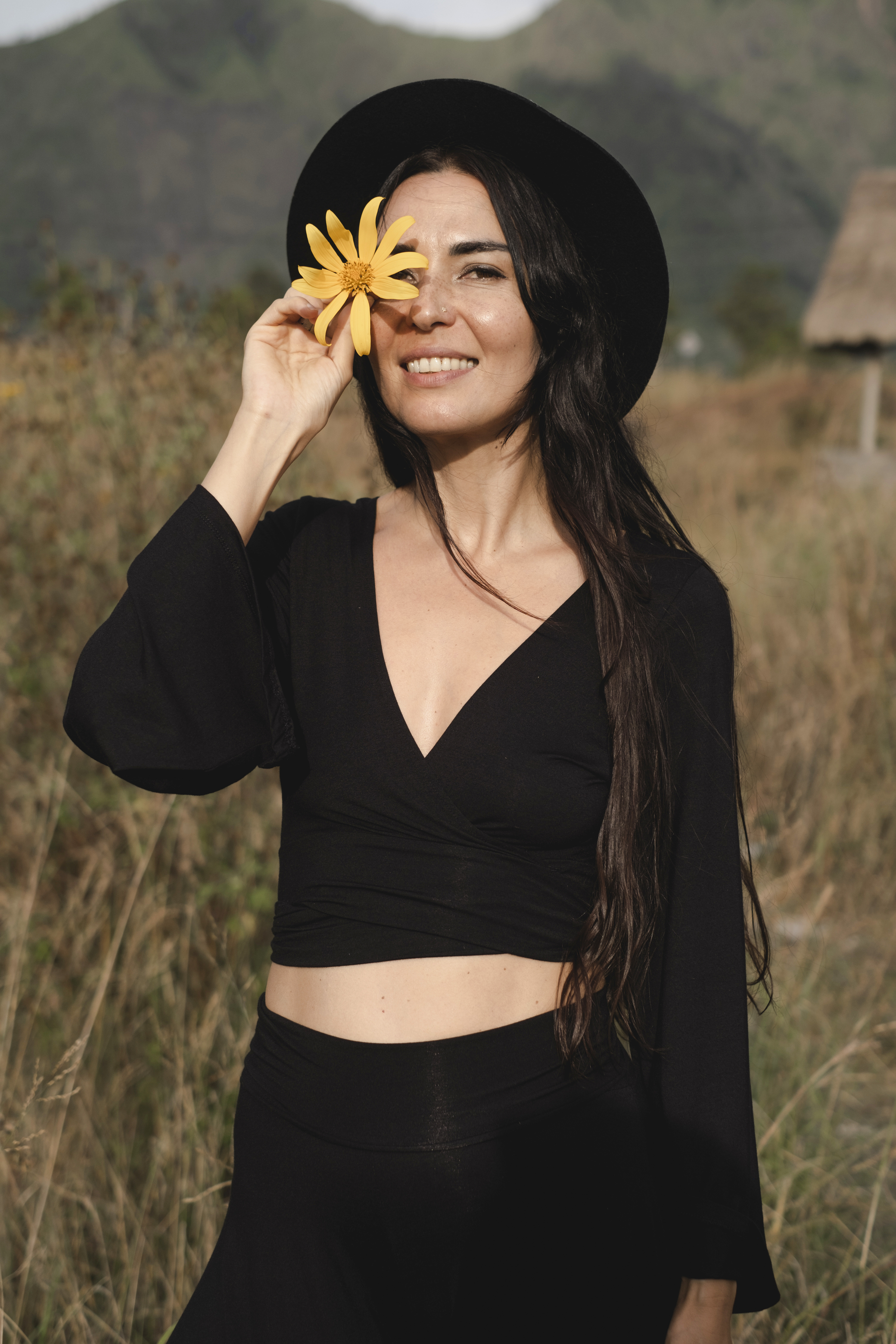 Jungle Crop Top | Boho Bell Sleeve Wrap Crop Top | Deep V-Neck Festival Top | Long Sleeve Tie Front Shirt Women | Flowy Black Blouse