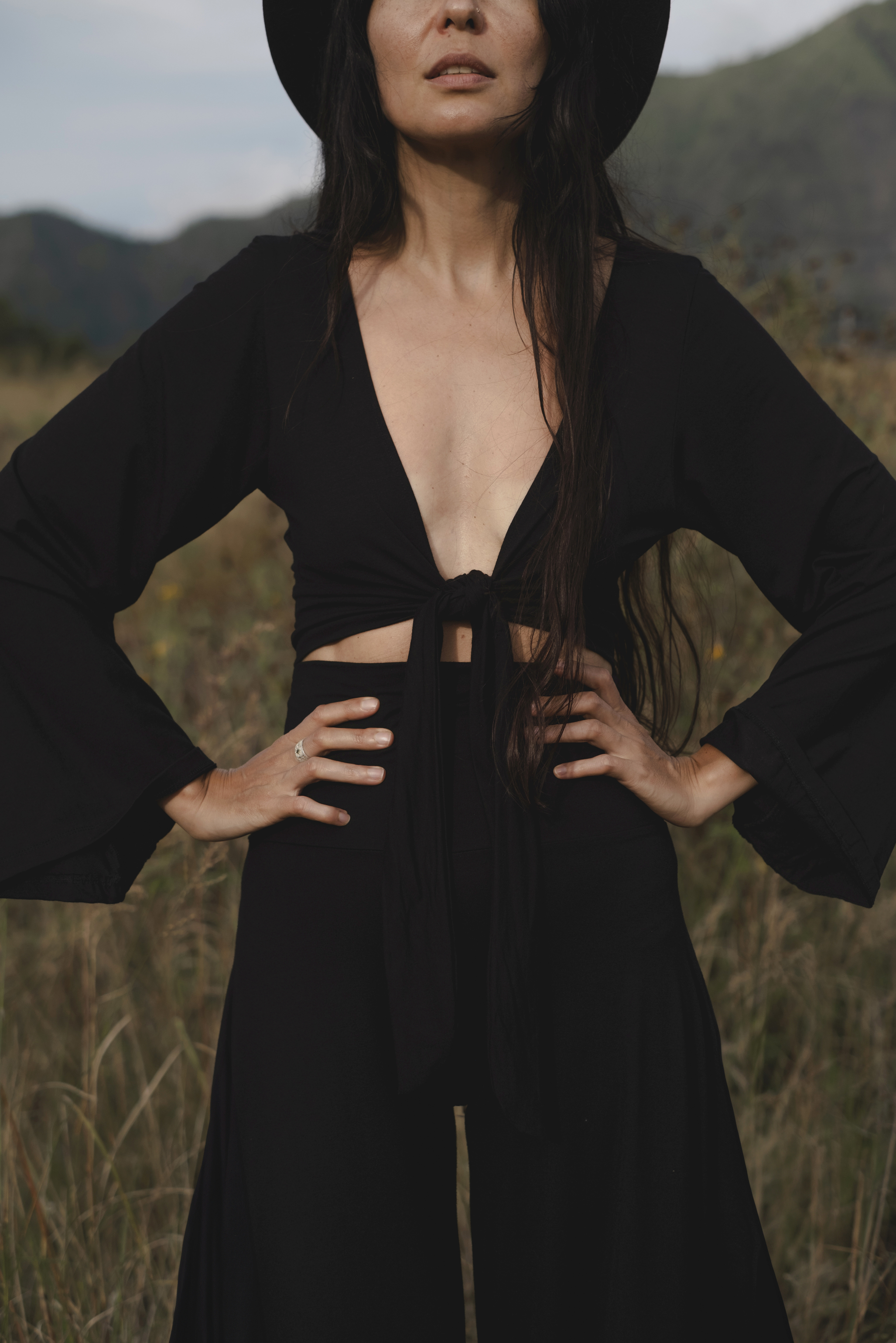 Jungle Crop Top | Boho Bell Sleeve Wrap Crop Top | Deep V-Neck Festival Top | Long Sleeve Tie Front Shirt Women | Flowy Black Blouse