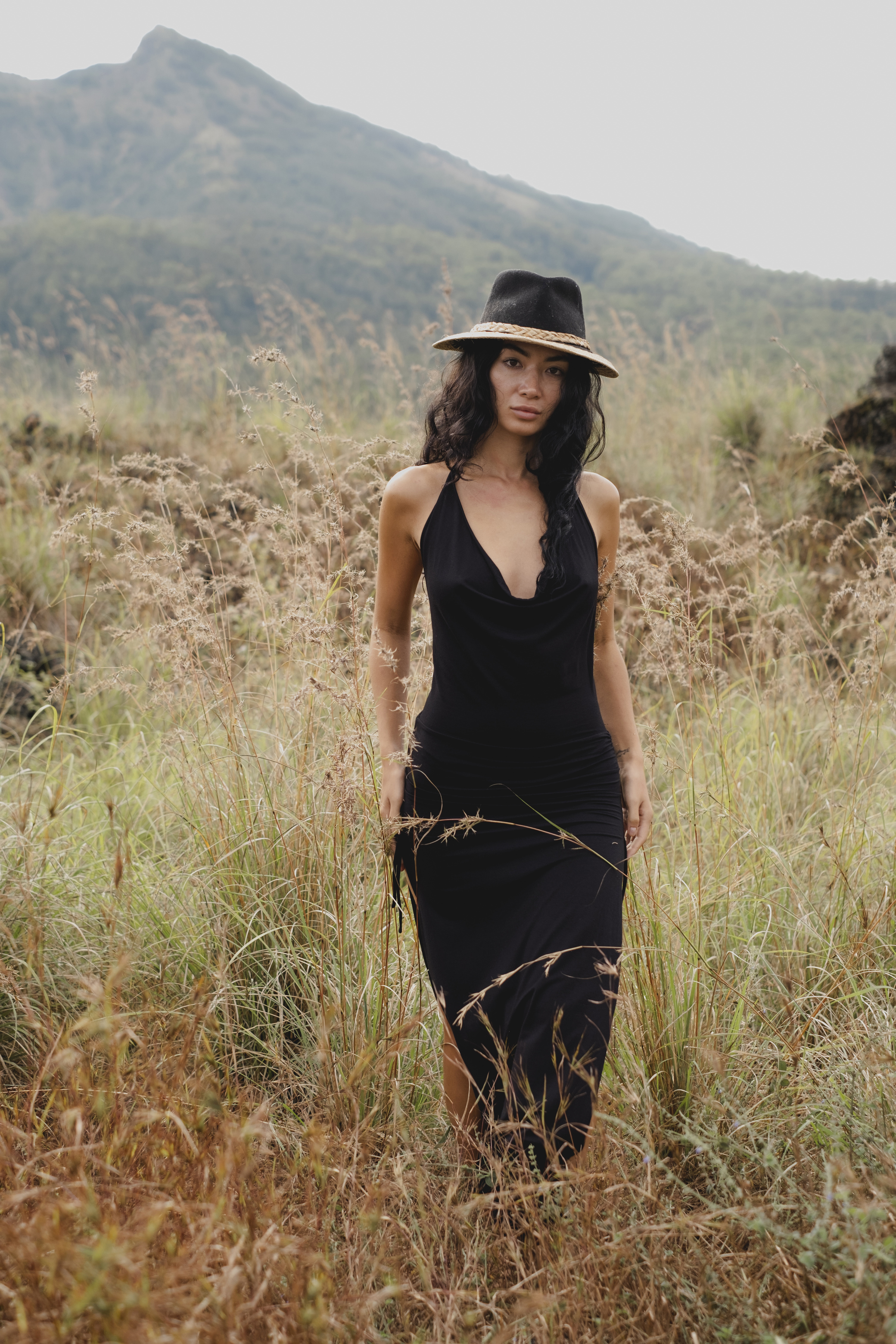 Black Boho Maxi Dress – Backless Halter, Cowl Neck – Wedding Guest Dress, Beach Resort Wear, Eco-Friendly