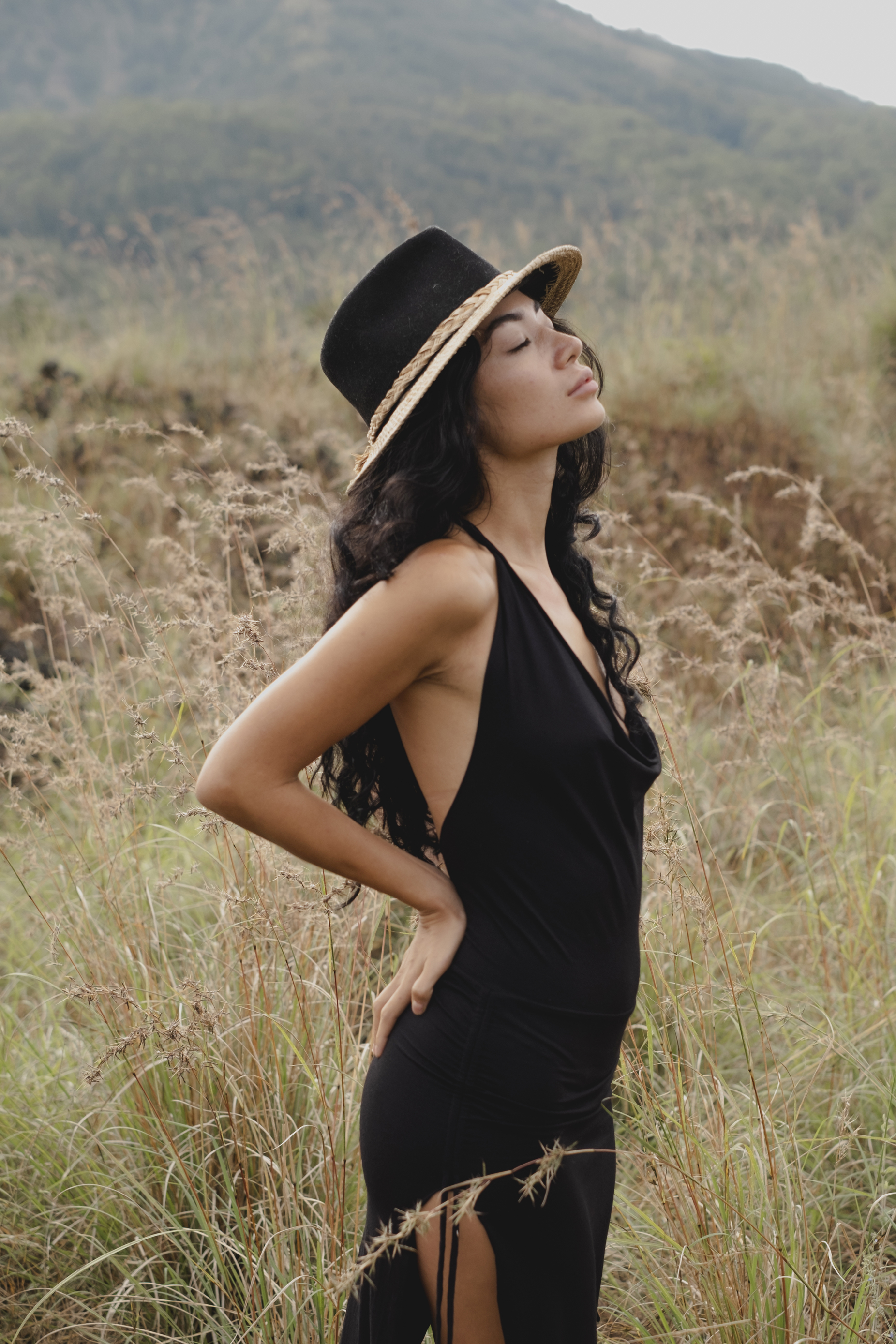 Black Boho Maxi Dress – Backless Halter, Cowl Neck – Wedding Guest Dress, Beach Resort Wear, Eco-Friendly