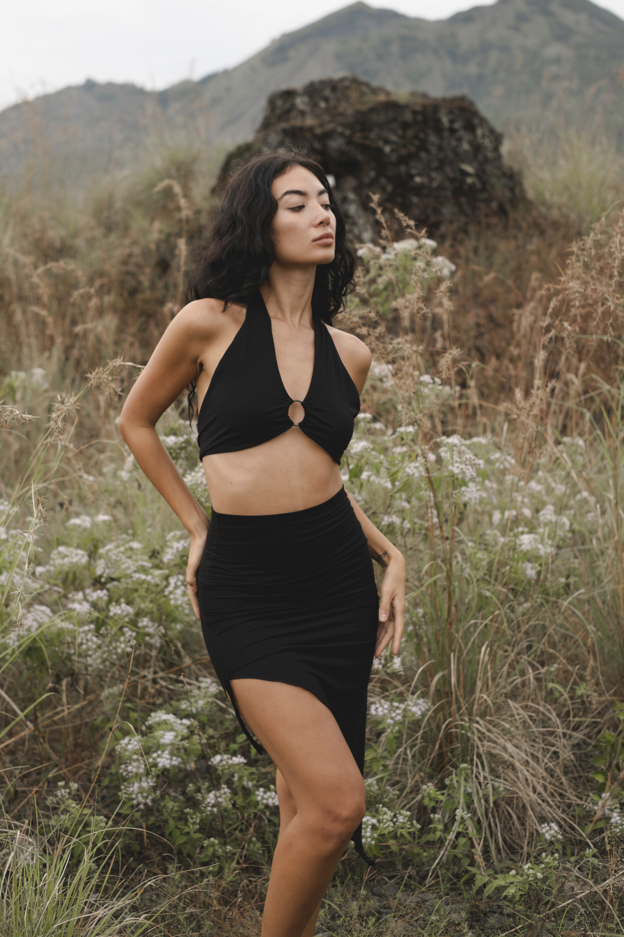 Black Venus Yoga Skirt | Ruched Natural Asymmetrical Midi | Boho Festival Skirt | Goddess Tribal Dance Wear | High Slit Waist Bohemian Skirt