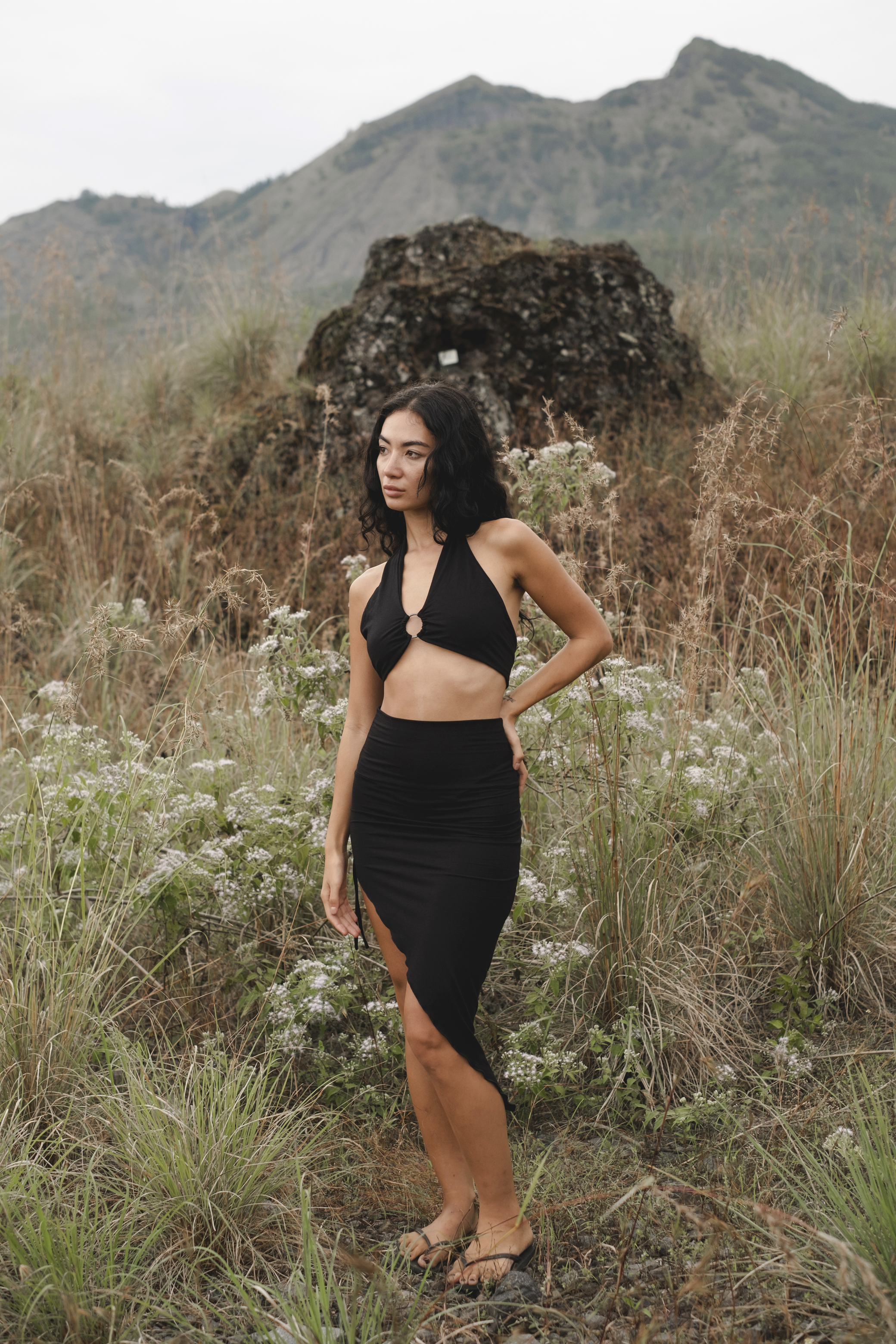 Black Venus Yoga Skirt | Ruched Natural Asymmetrical Midi | Boho Festival Skirt | Goddess Tribal Dance Wear | High Slit Waist Bohemian Skirt