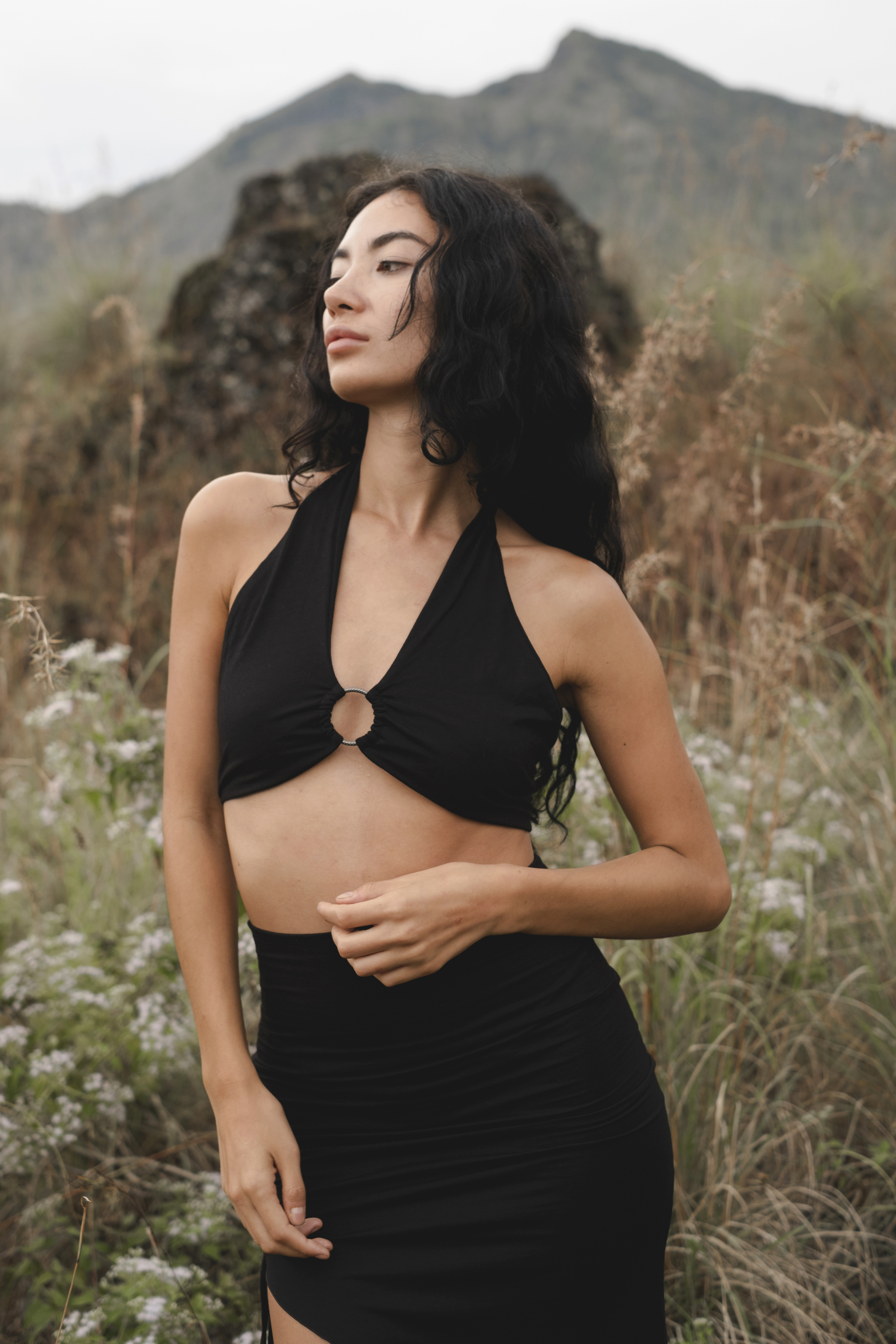Black Venus Yoga Skirt | Ruched Natural Asymmetrical Midi | Boho Festival Skirt | Goddess Tribal Dance Wear | High Slit Waist Bohemian Skirt