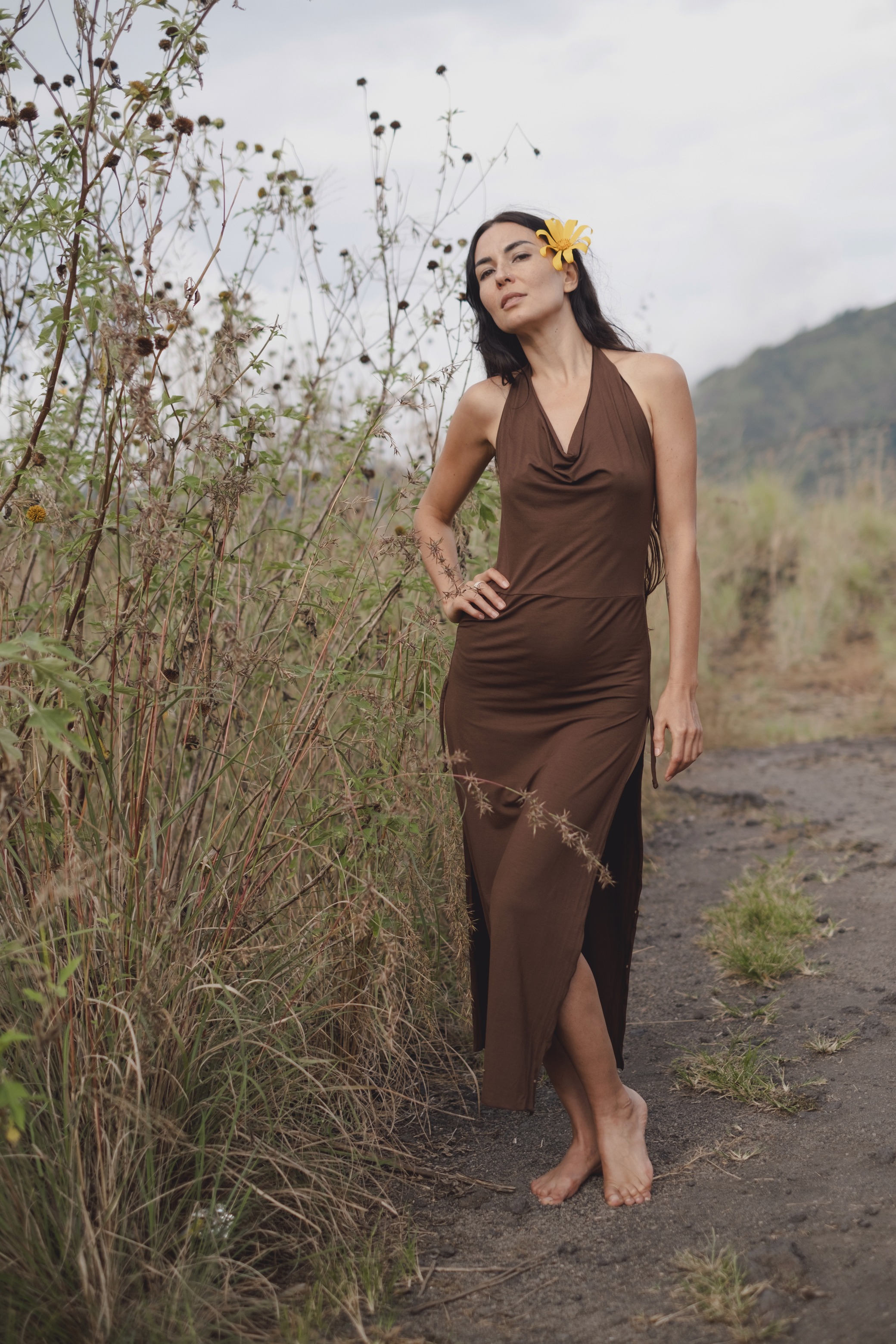 Cocoa Xena Maxi Dress – Earthy EcoFlow™ Boho Gown with Backless Halter & Cascading Cowl Neck