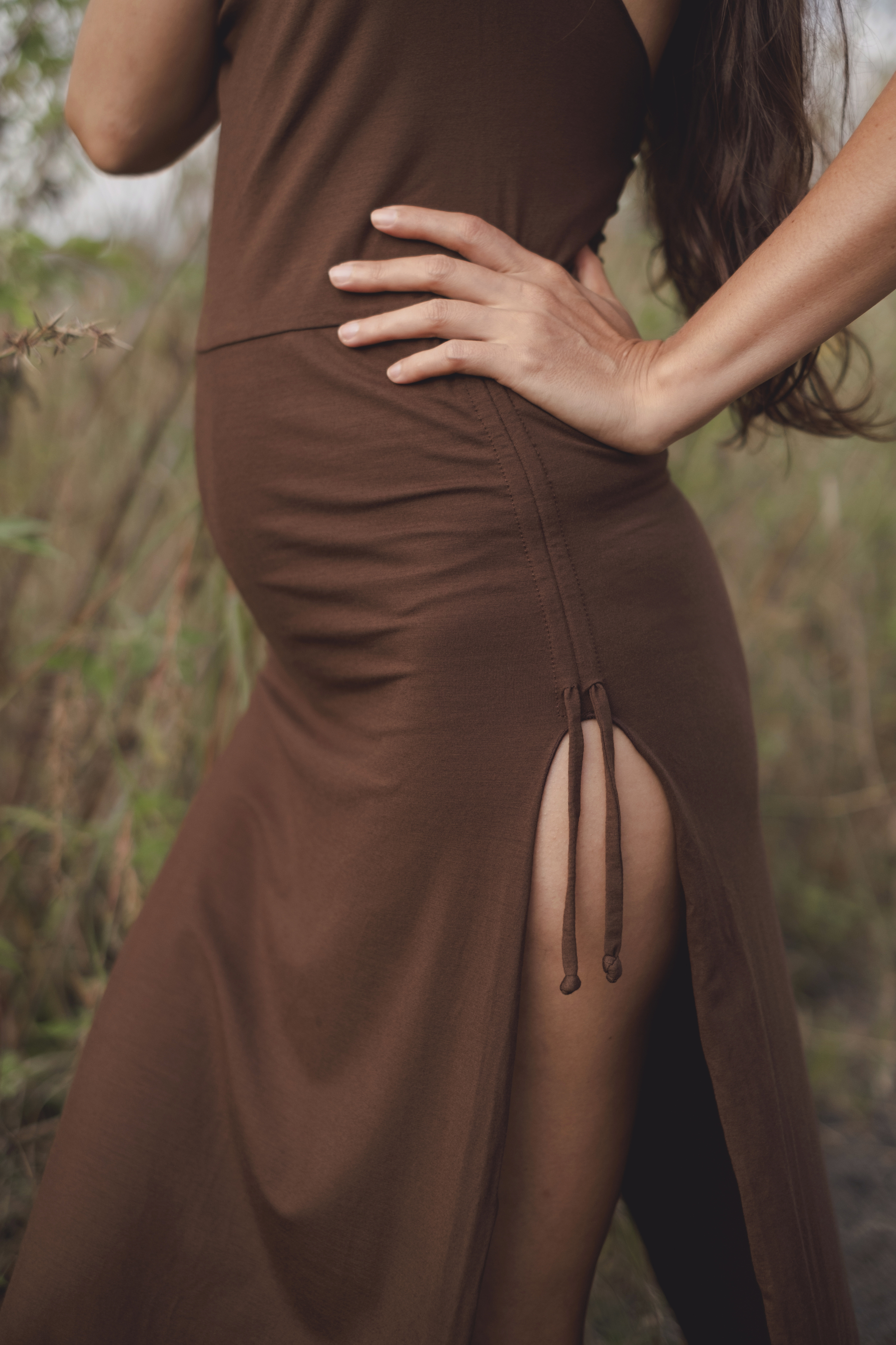 Cocoa Xena Maxi Dress – Earthy EcoFlow™ Boho Gown with Backless Halter & Cascading Cowl Neck