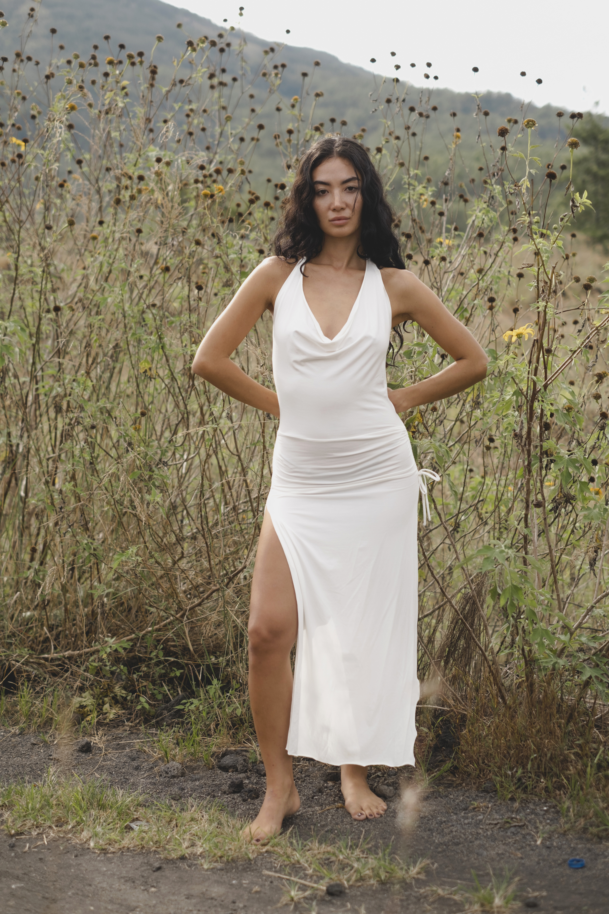 Xena Maxi Dress – Ethereal Ikuti EcoFlow™ Boho Gown with Backless Halter & Cascading Cowl Neck