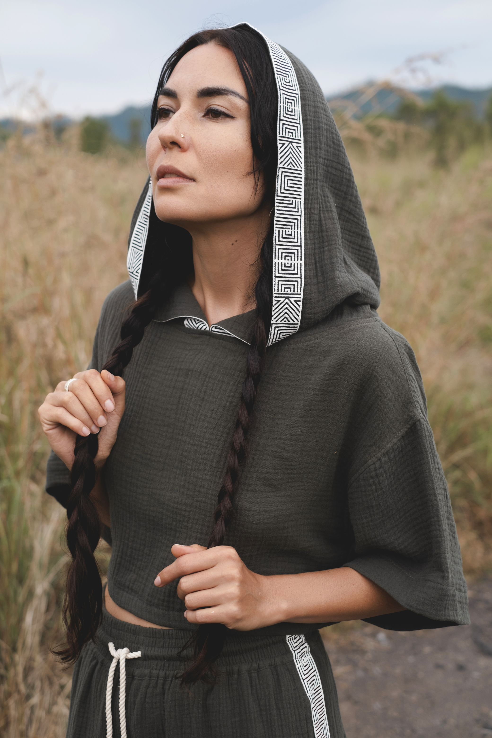 Bali Tribe Hoodie – Boho Cropped Pullover | Natural Cotton Festival Top | Belted Tribal Hoodie | Sustainable Slow Fashion