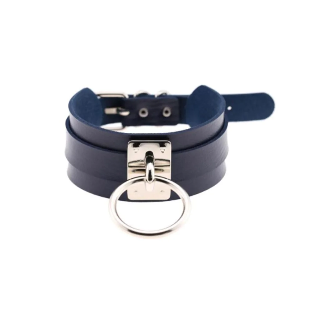 Colar de couro, gargantilha azul, e metal, joias BDSM Azul