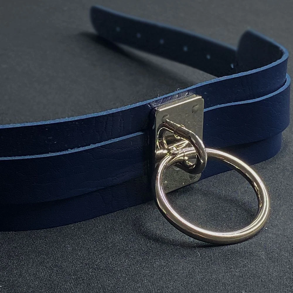 Colar de couro, gargantilha azul, e metal, joias BDSM Azul