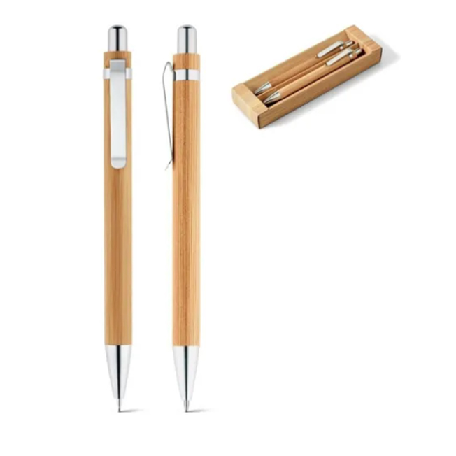 10 Set Lapicera Bambú + Lápiz Mecánico En Caja De Cartón