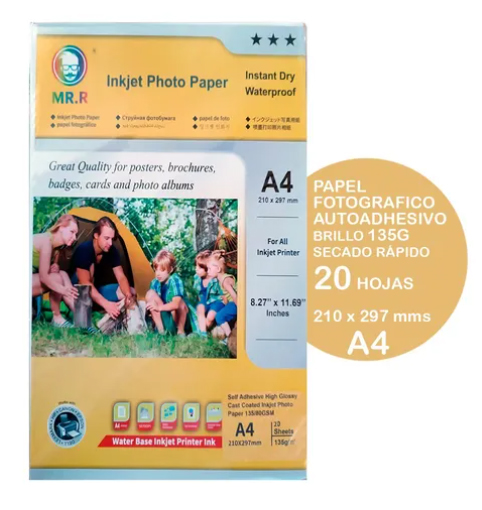 Papel Fotográfico Autoadhesivo A4, 130 Gr. 20 Hojas.