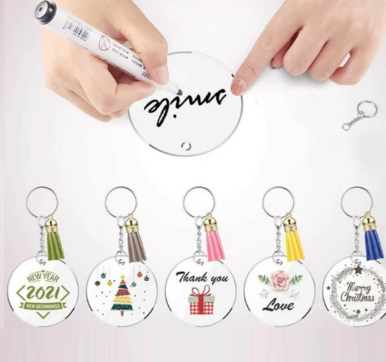 Llavero Acrilico con aro, cadena, argolla, acrilico y flecos X25 Unidades 