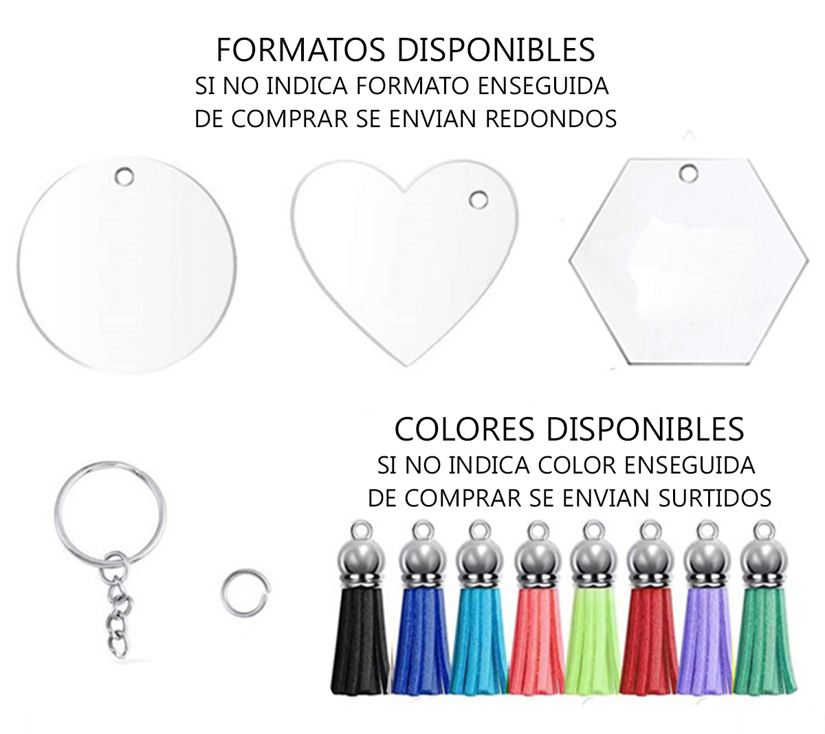 Llavero Acrilico con aro, cadena, argolla, acrilico y flecos X25 Unidades