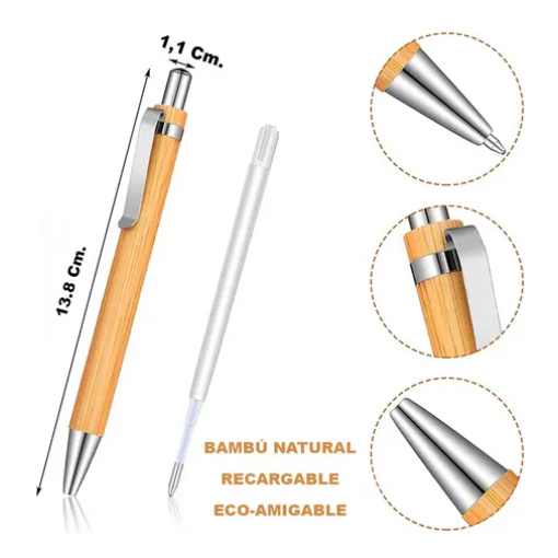 25 Lapiceras Bambú Premium Tinta NEGRA Ideal Grabado Láser