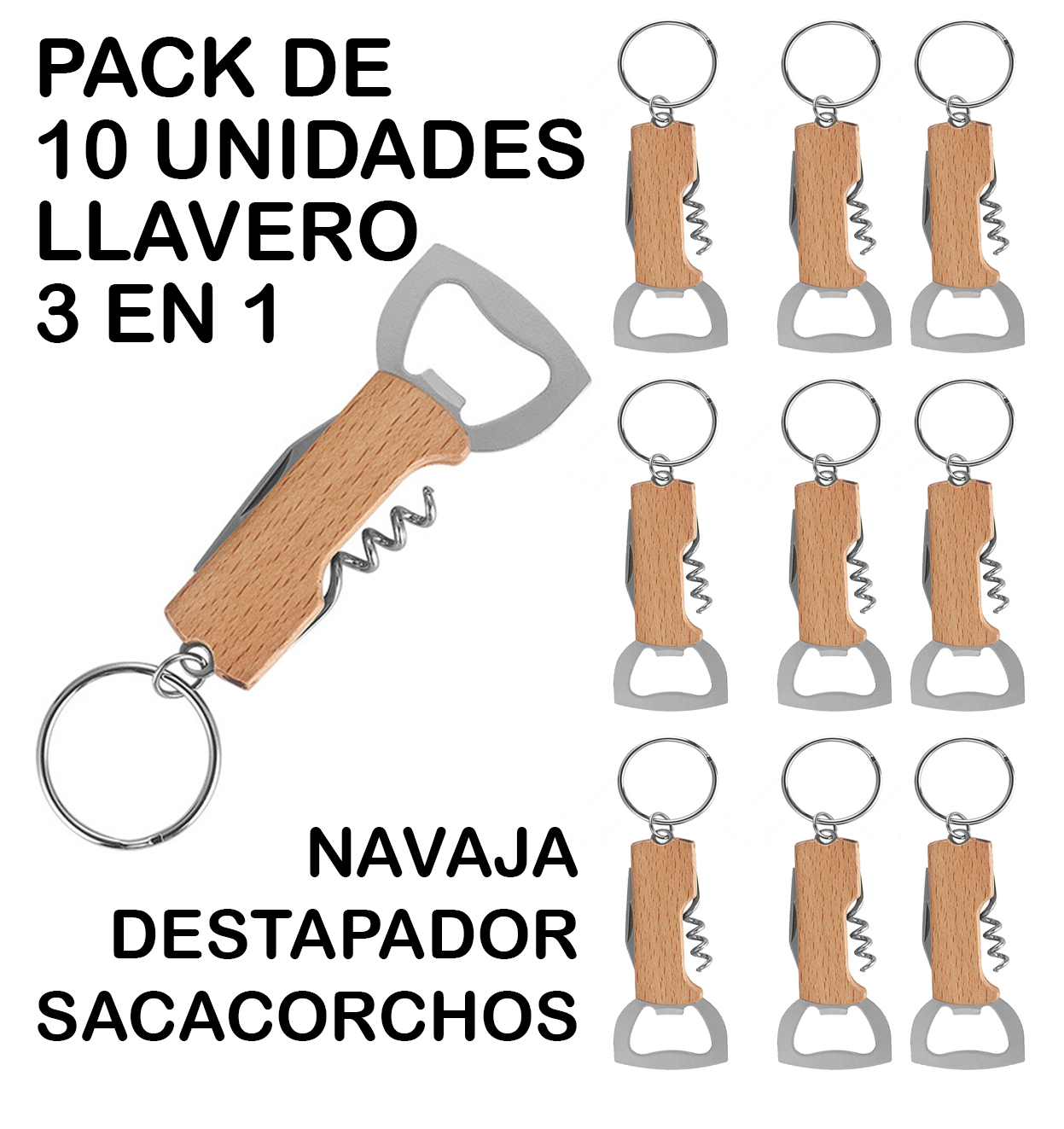 Llavero abrebotellas multifuncional - Pack x 10